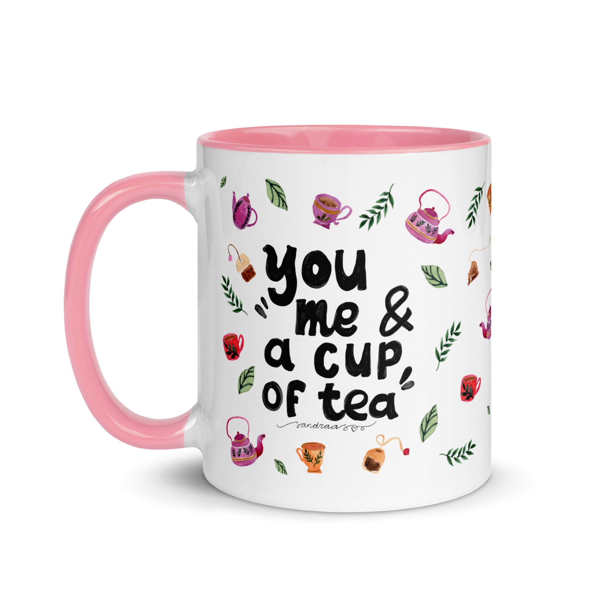 You, Me & a Cup of Tea ☕ | Mug with Cozy Watercolor Teapots & Cups – White Ceramic with Color Inside - SANDRAAS