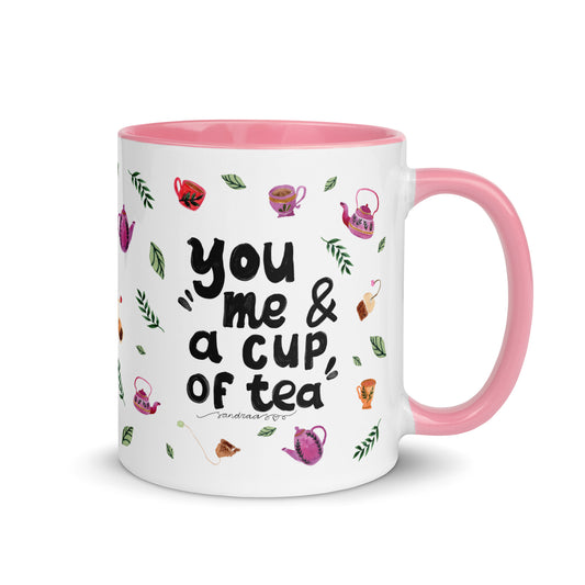 You, Me & a Cup of Tea ☕ | Mug with Cozy Watercolor Teapots & Cups – White Ceramic with Color Inside - SANDRAAS