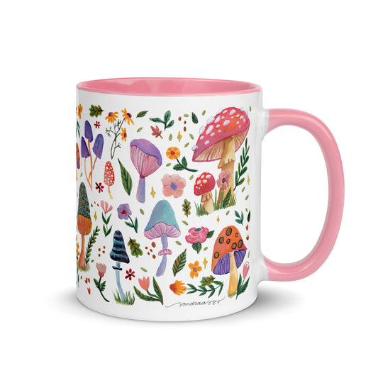 Whimsical Mushroom & Floral Mug • Watercolor Woodland Flowers Coffee Cup with Colorful Interior • Cozy Nature Drinkware - SANDRAAS