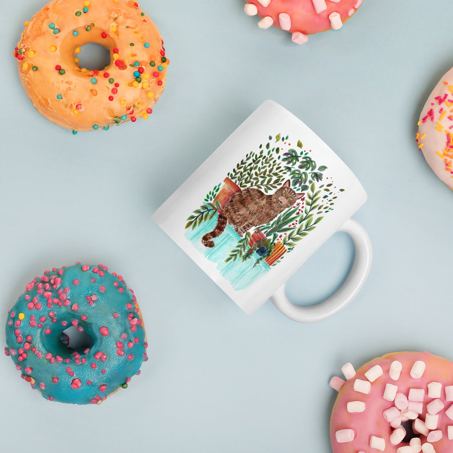 White Glossy Mug – Cat in the Window 🐱🌿 | Cozy Watercolor Mug for Cat Lovers & Plant People - SANDRAAS