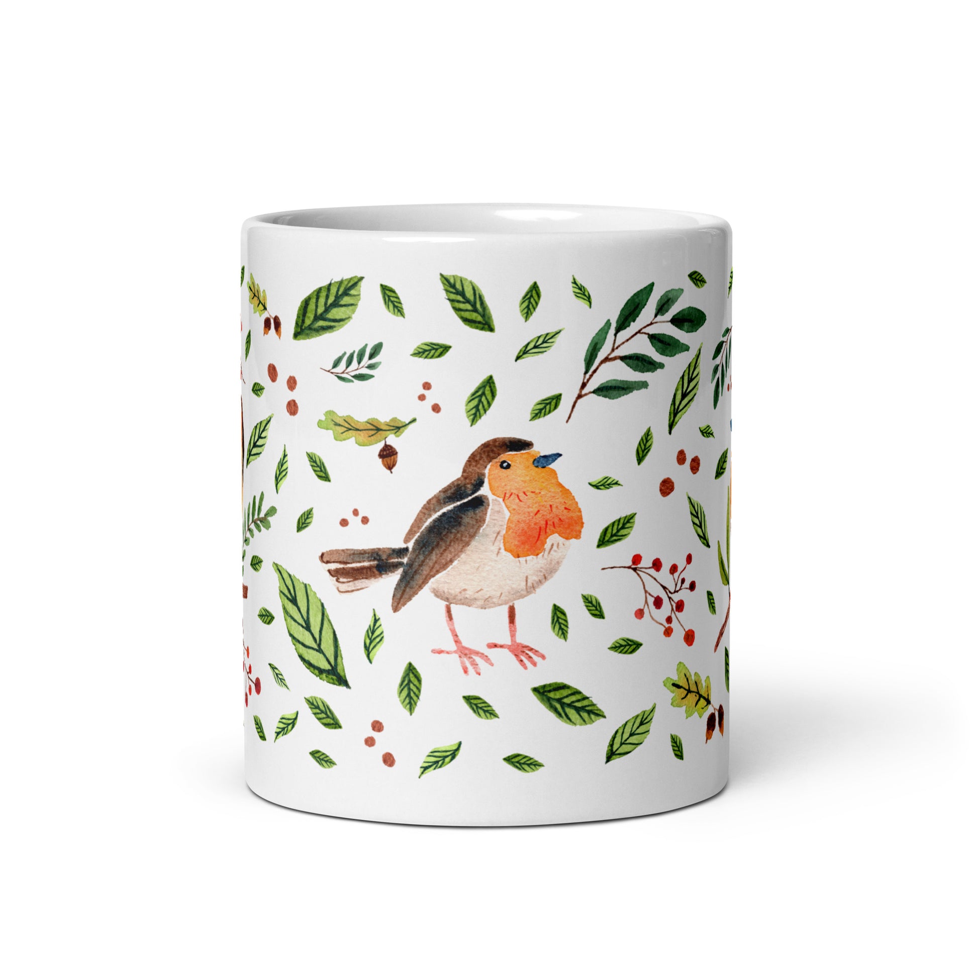 White Glossy Mug – Watercolor Robin Illustration 🐦🍃 | Cozy Sips with Nature's Charm - SANDRAAS