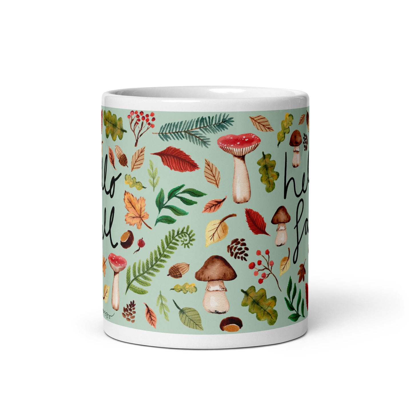 White Glossy Mug - Hello Fall Green 🍂☕ - SANDRAAS