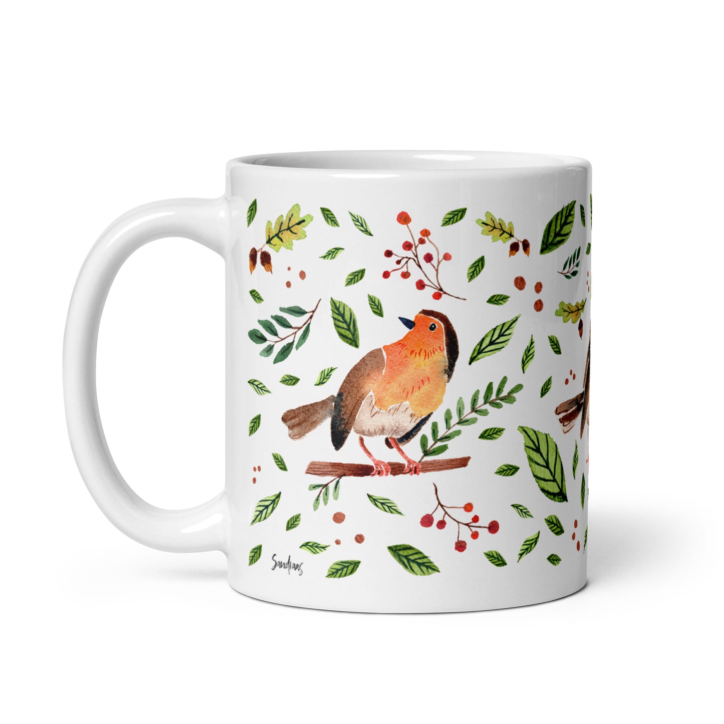 White Glossy Mug – Watercolor Robin Illustration 🐦🍃 | Cozy Sips with Nature's Charm - SANDRAAS