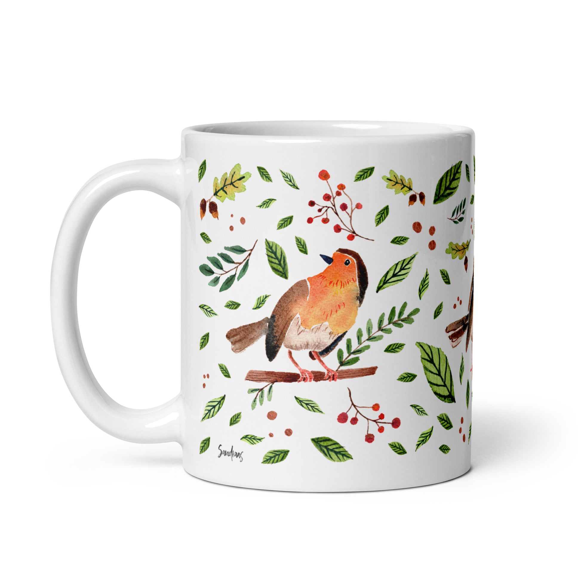 White Glossy Mug – Watercolor Robin Illustration 🐦🍃 | Cozy Sips with Nature's Charm - SANDRAAS