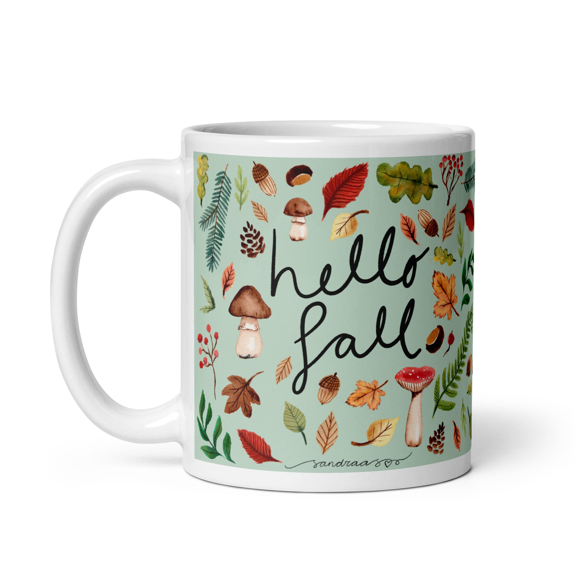 White Glossy Mug - Hello Fall Green 🍂☕ - SANDRAAS