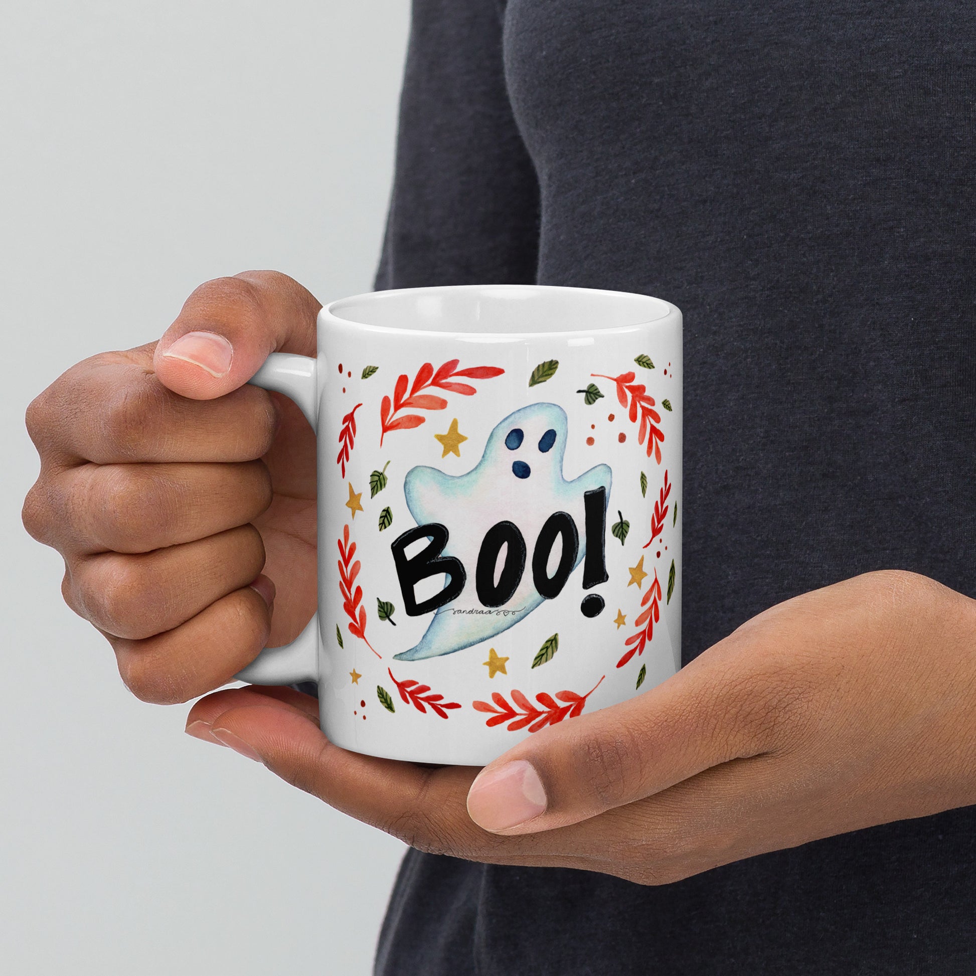 Ghost "Boo!" White Glossy Mug – A Spooky & Fun Halloween Essential! 👻🎃 - SANDRAAS