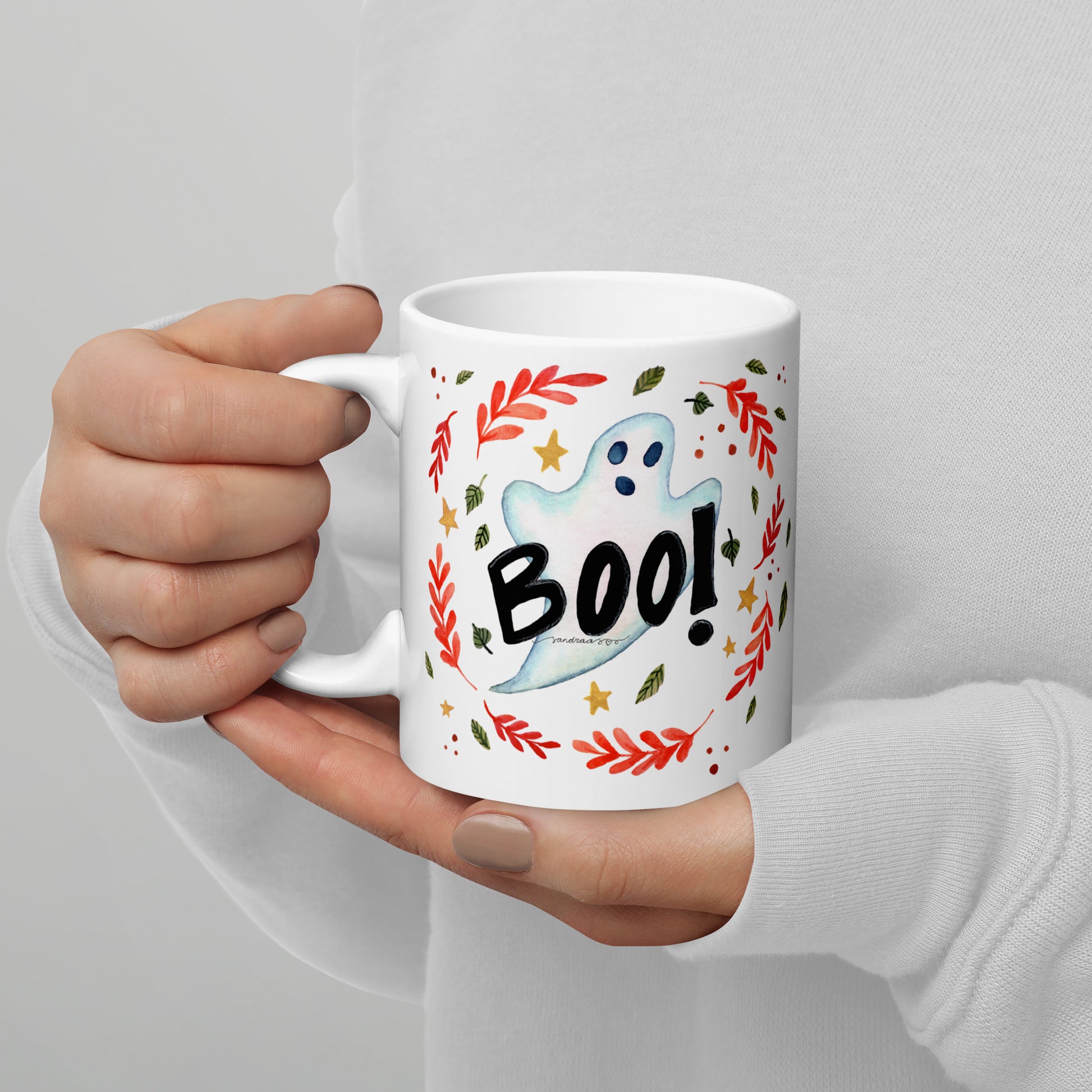 Ghost "Boo!" White Glossy Mug – A Spooky & Fun Halloween Essential! 👻🎃 - SANDRAAS