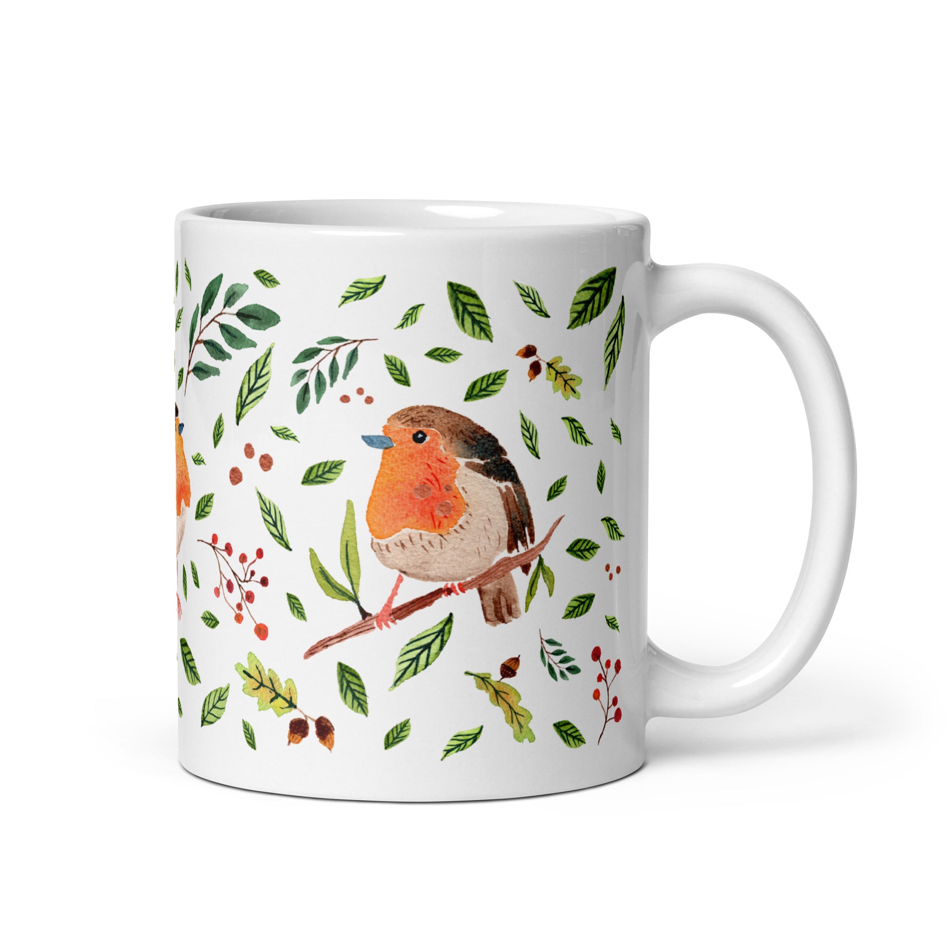 White Glossy Mug – Watercolor Robin Illustration 🐦🍃 | Cozy Sips with Nature's Charm - SANDRAAS