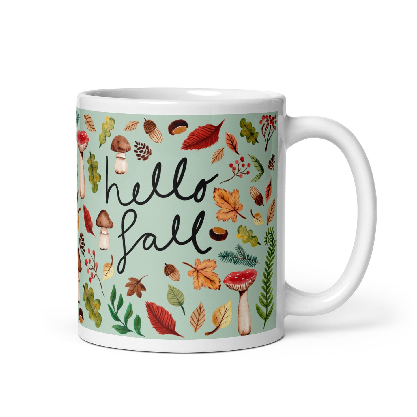 White Glossy Mug - Hello Fall Green 🍂☕ - SANDRAAS