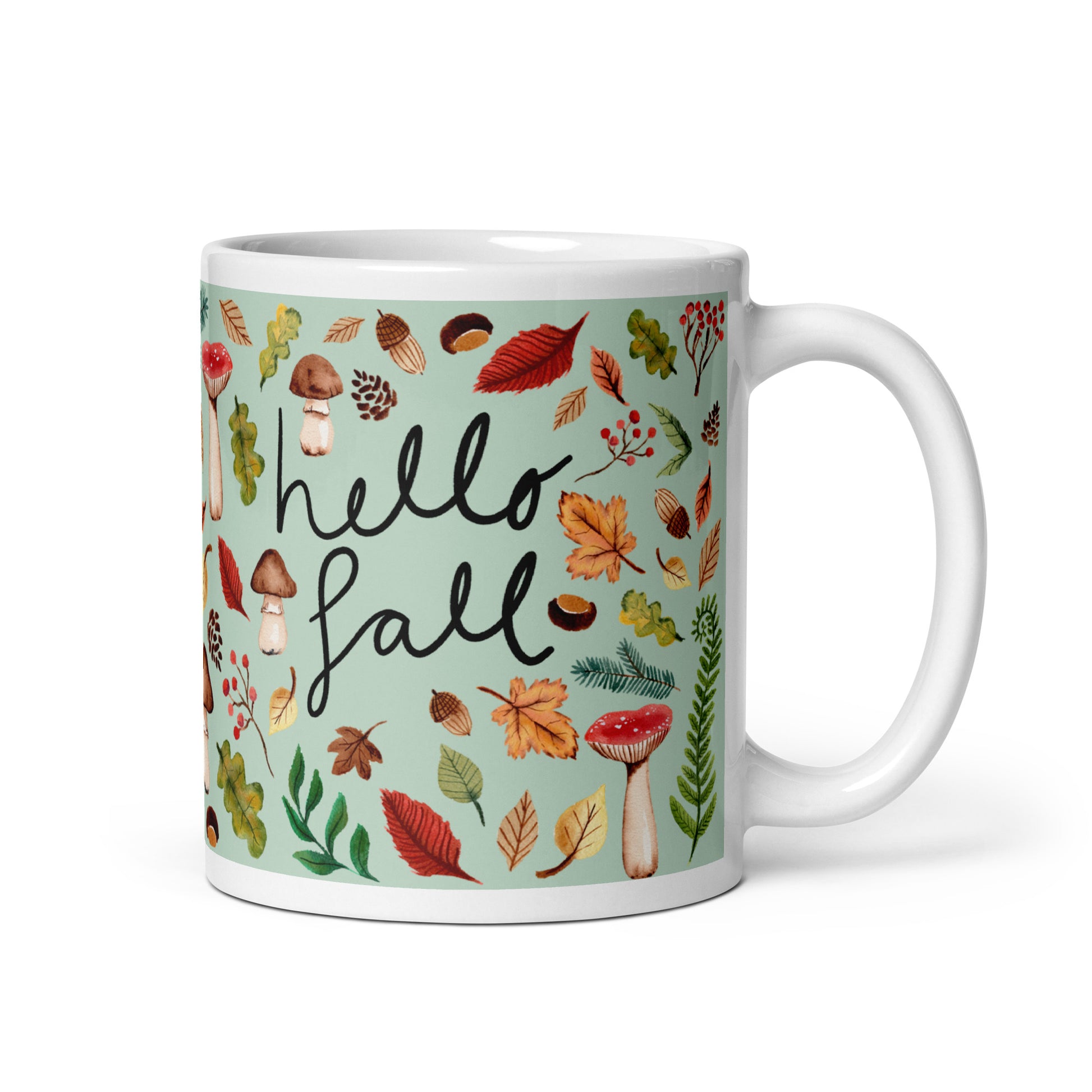 White Glossy Mug - Hello Fall Green 🍂☕ - SANDRAAS