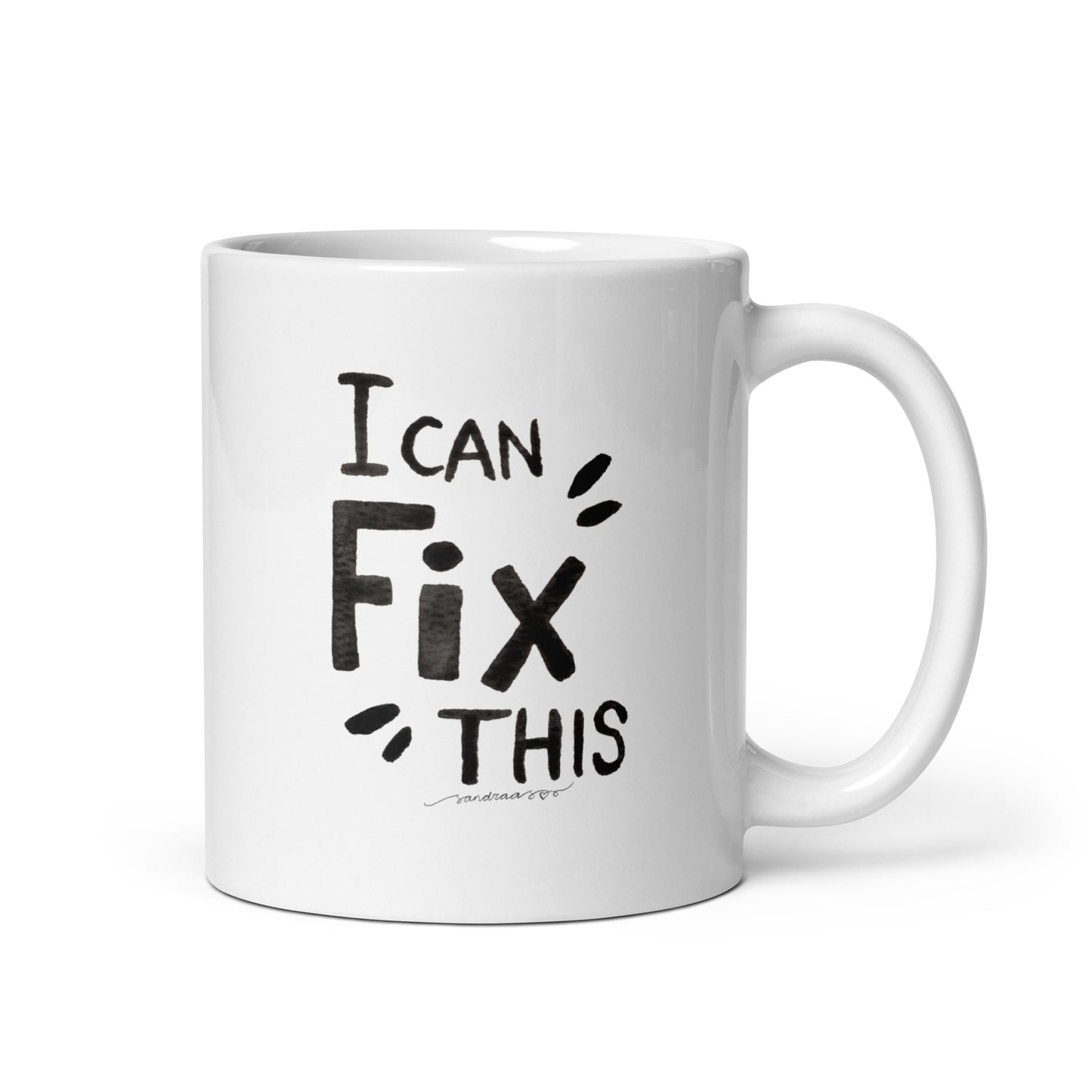 "I Can Fix This" – White Glossy Mug with Hand - Lettered Watercolor Design ☕ - SANDRAAS