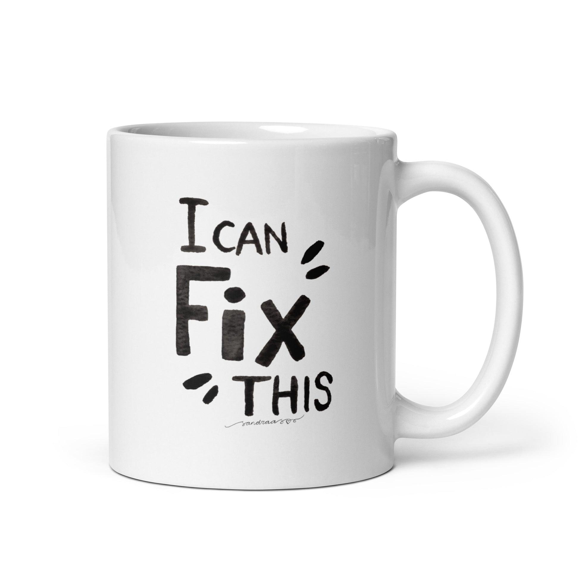 "I Can Fix This" – White Glossy Mug with Hand - Lettered Watercolor Design ☕ - SANDRAAS
