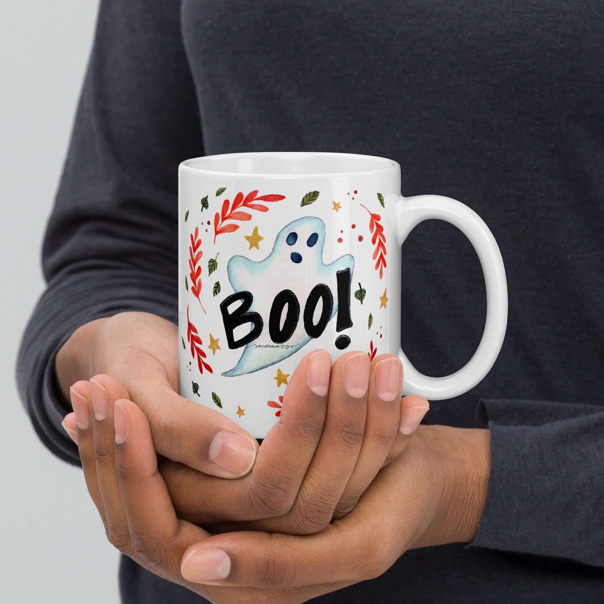 Ghost "Boo!" White Glossy Mug – A Spooky & Fun Halloween Essential! 👻🎃 - SANDRAAS