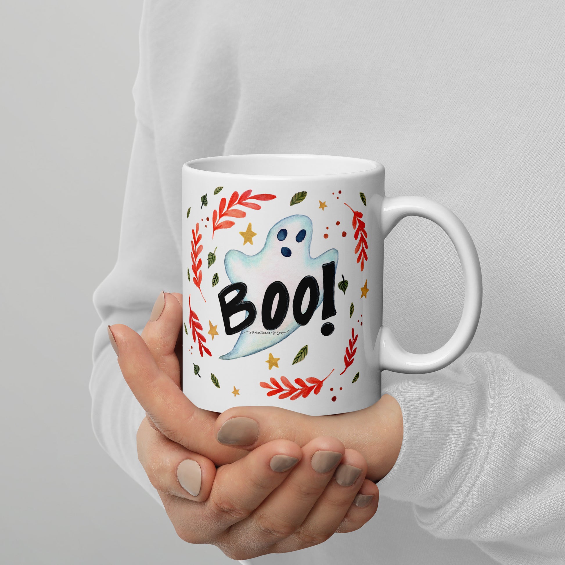 Ghost "Boo!" White Glossy Mug – A Spooky & Fun Halloween Essential! 👻🎃 - SANDRAAS