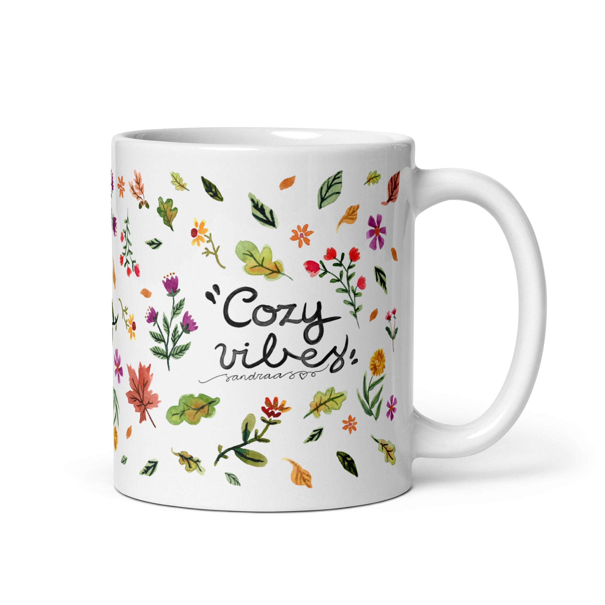 Cozy Vibes Mug ☕ | Hand - Lettered Quote + Watercolor Autumn Leaves & Florals - SANDRAAS