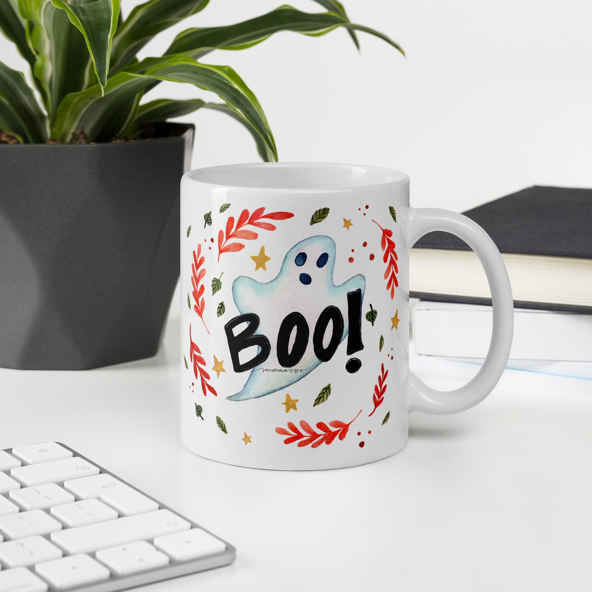 Ghost "Boo!" White Glossy Mug – A Spooky & Fun Halloween Essential! 👻🎃 - SANDRAAS