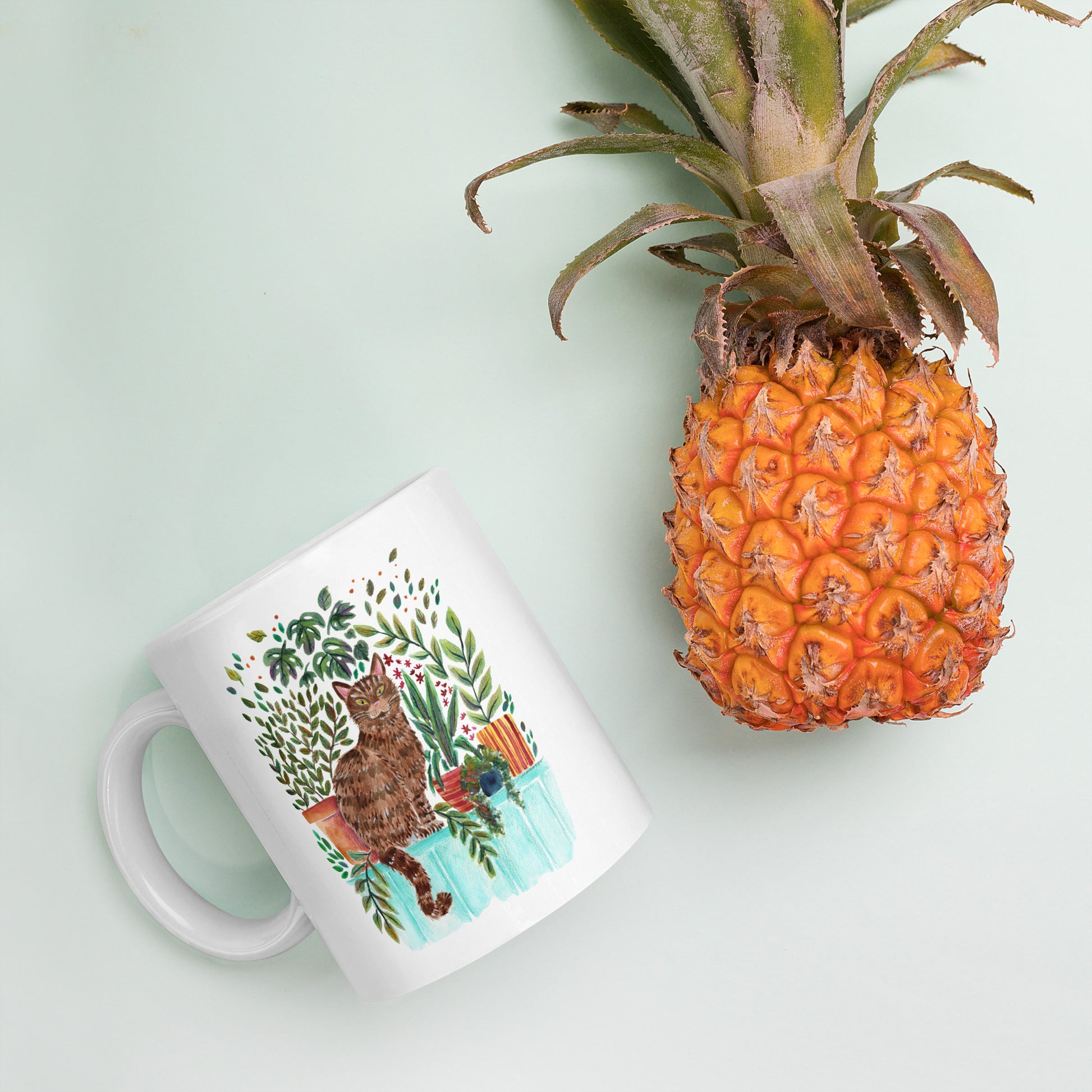 White Glossy Mug – Cat in the Window 🐱🌿 | Cozy Watercolor Mug for Cat Lovers & Plant People - SANDRAAS