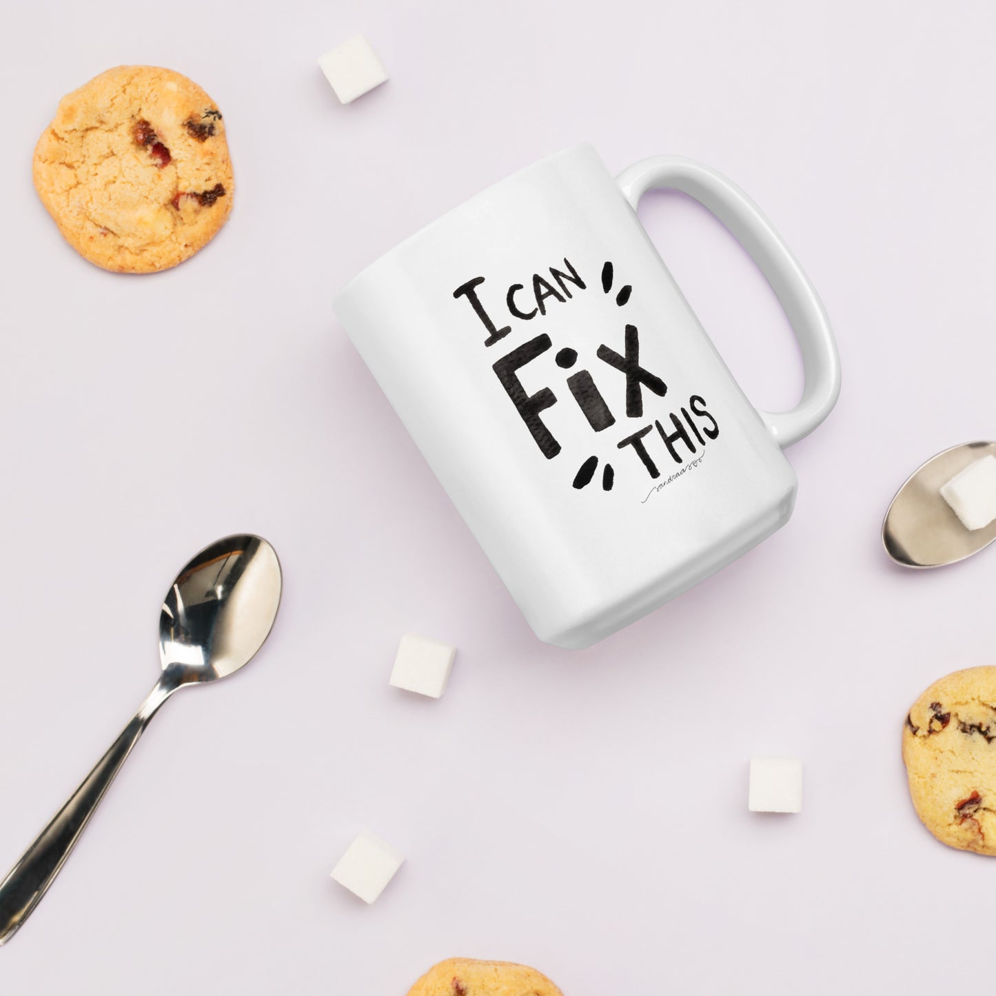 "I Can Fix This" – White Glossy Mug with Hand - Lettered Watercolor Design ☕ - SANDRAAS