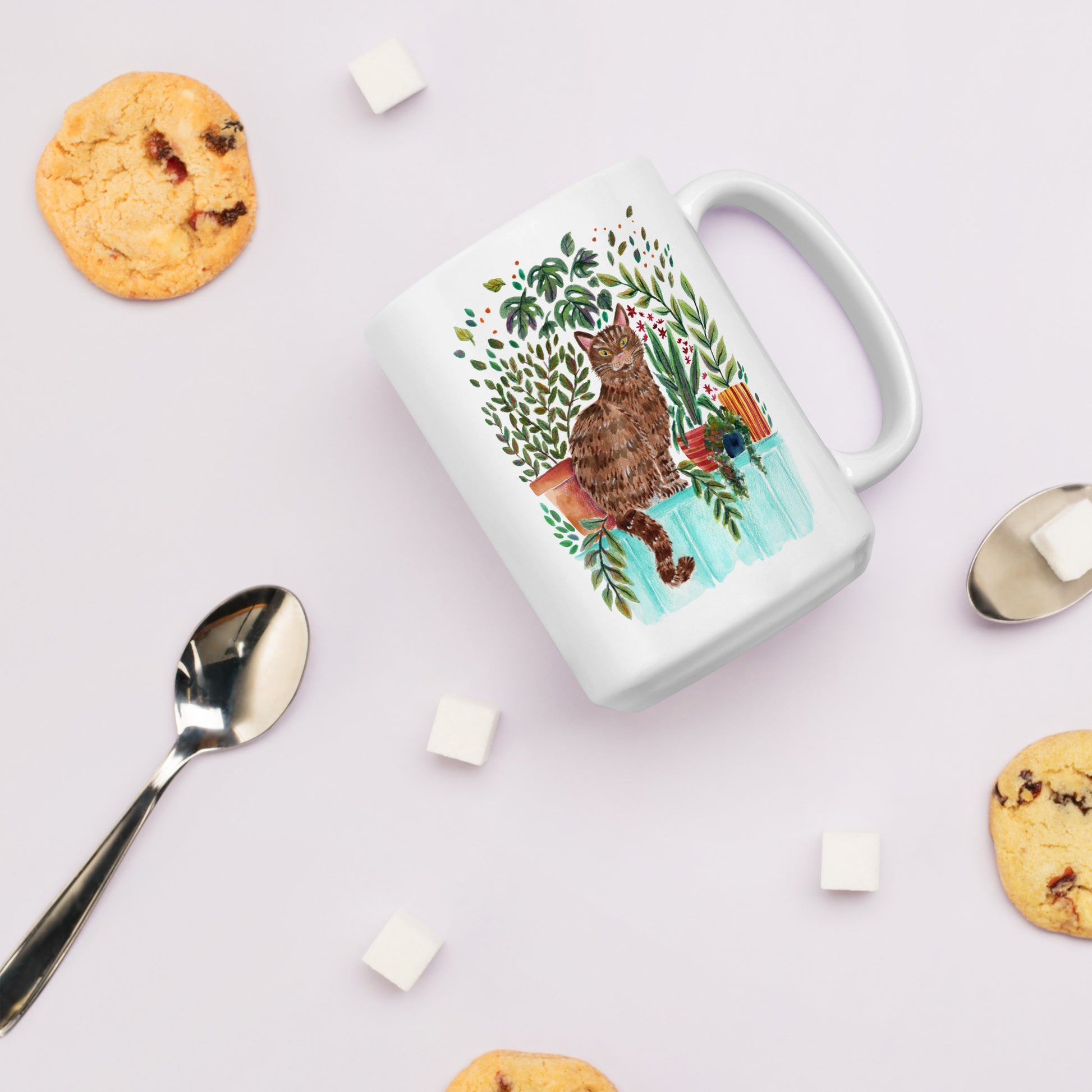 White Glossy Mug – Cat in the Window 🐱🌿 | Cozy Watercolor Mug for Cat Lovers & Plant People - SANDRAAS