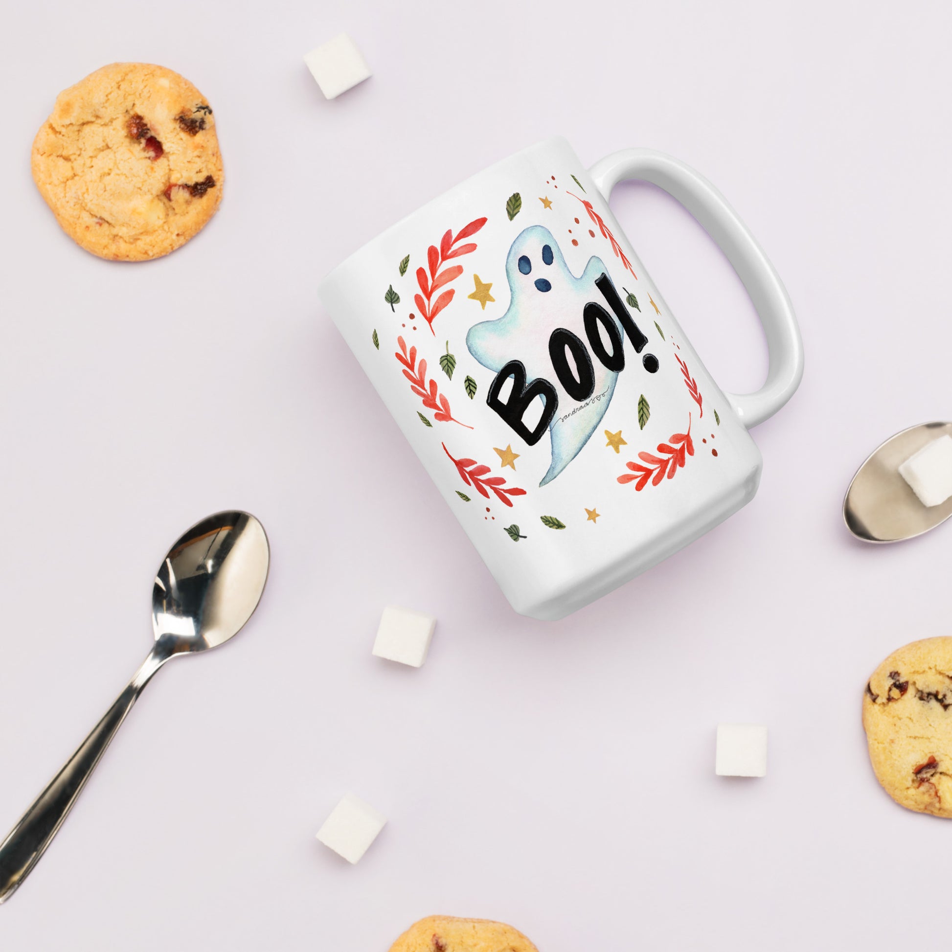 Ghost "Boo!" White Glossy Mug – A Spooky & Fun Halloween Essential! 👻🎃 - SANDRAAS