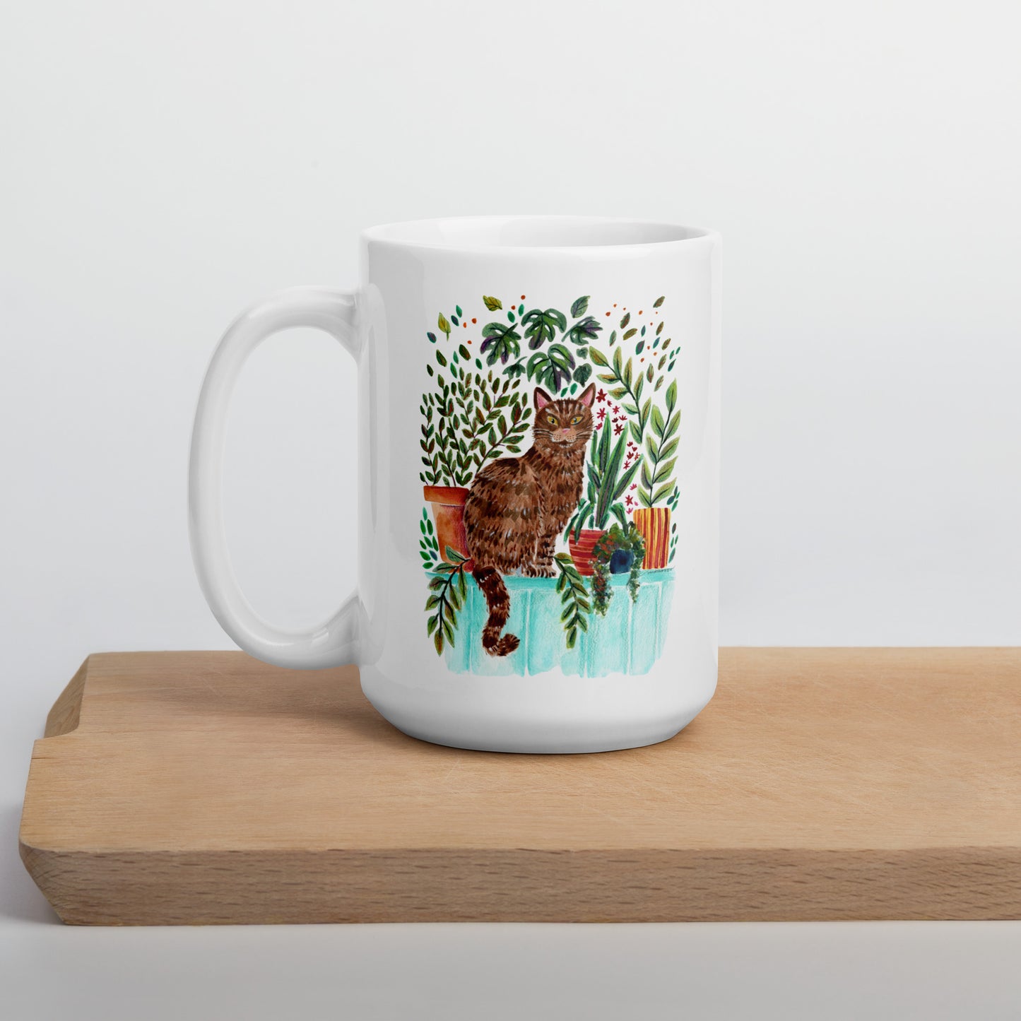 White Glossy Mug – Cat in the Window 🐱🌿 | Cozy Watercolor Mug for Cat Lovers & Plant People - SANDRAAS