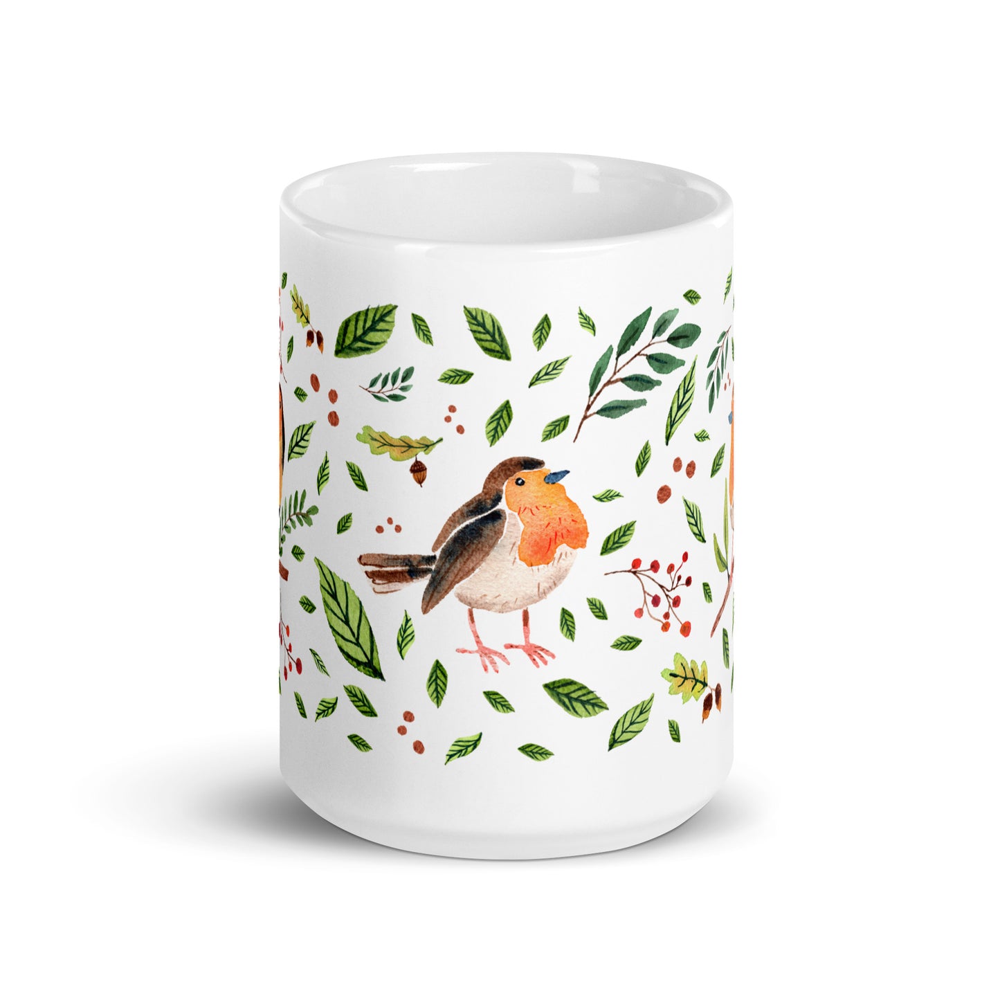 White Glossy Mug – Watercolor Robin Illustration 🐦🍃 | Cozy Sips with Nature's Charm - SANDRAAS