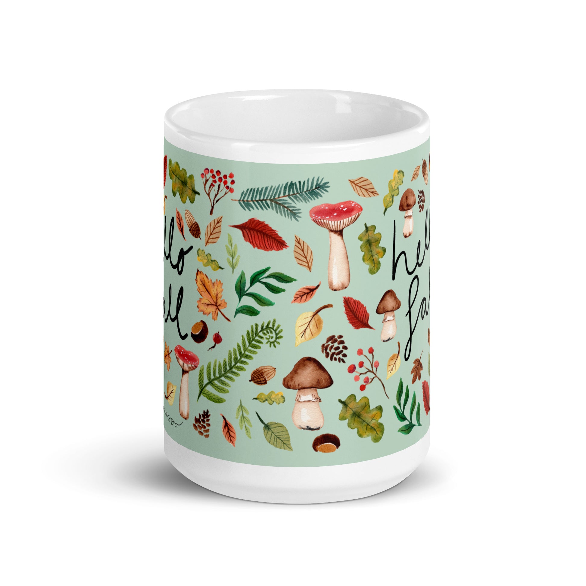 White Glossy Mug - Hello Fall Green 🍂☕ - SANDRAAS