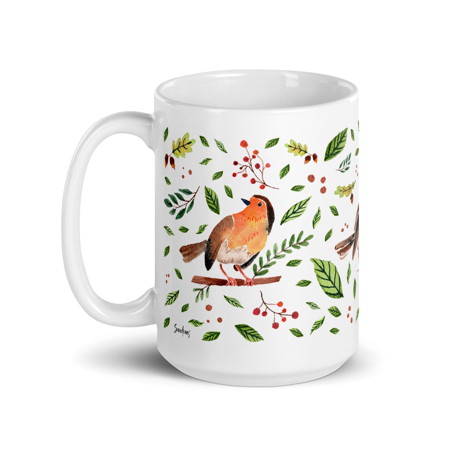 White Glossy Mug – Watercolor Robin Illustration 🐦🍃 | Cozy Sips with Nature's Charm - SANDRAAS