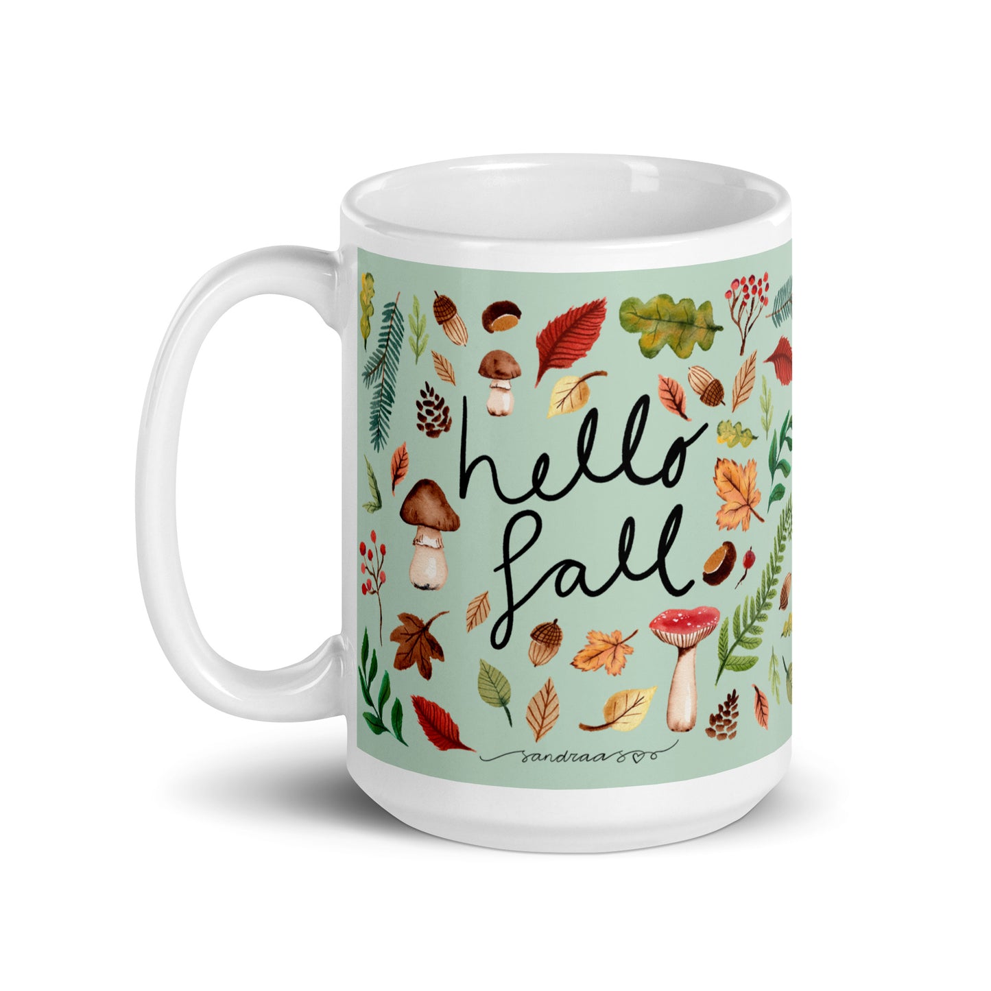 White Glossy Mug - Hello Fall Green 🍂☕ - SANDRAAS