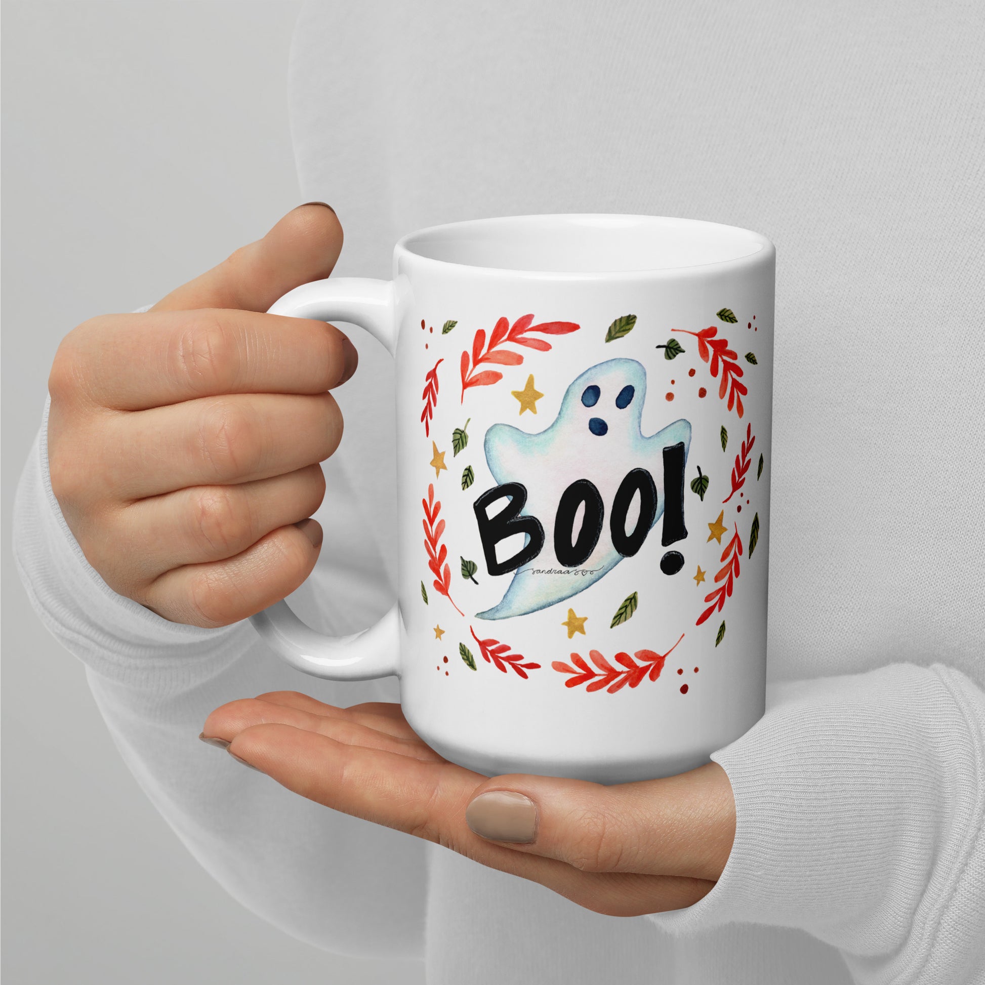 Ghost "Boo!" White Glossy Mug – A Spooky & Fun Halloween Essential! 👻🎃 - SANDRAAS