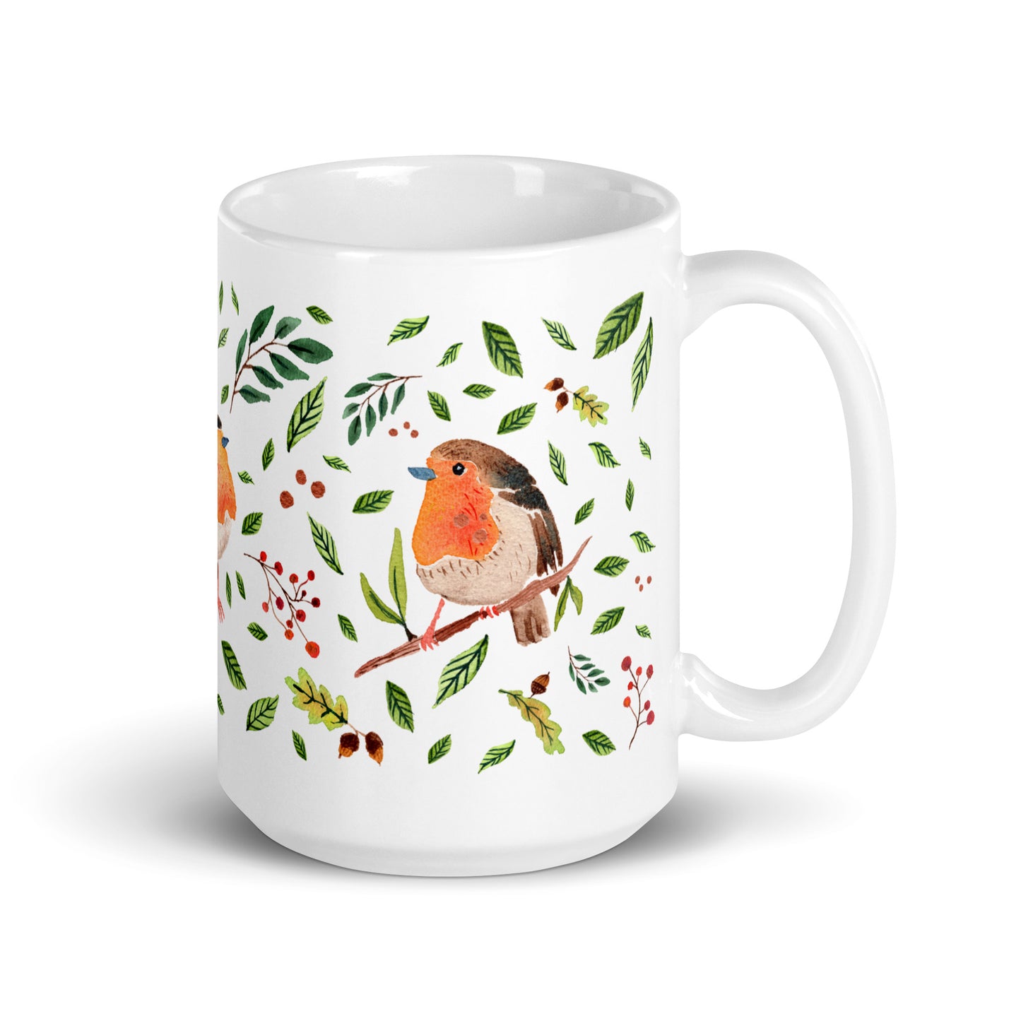 White Glossy Mug – Watercolor Robin Illustration 🐦🍃 | Cozy Sips with Nature's Charm - SANDRAAS