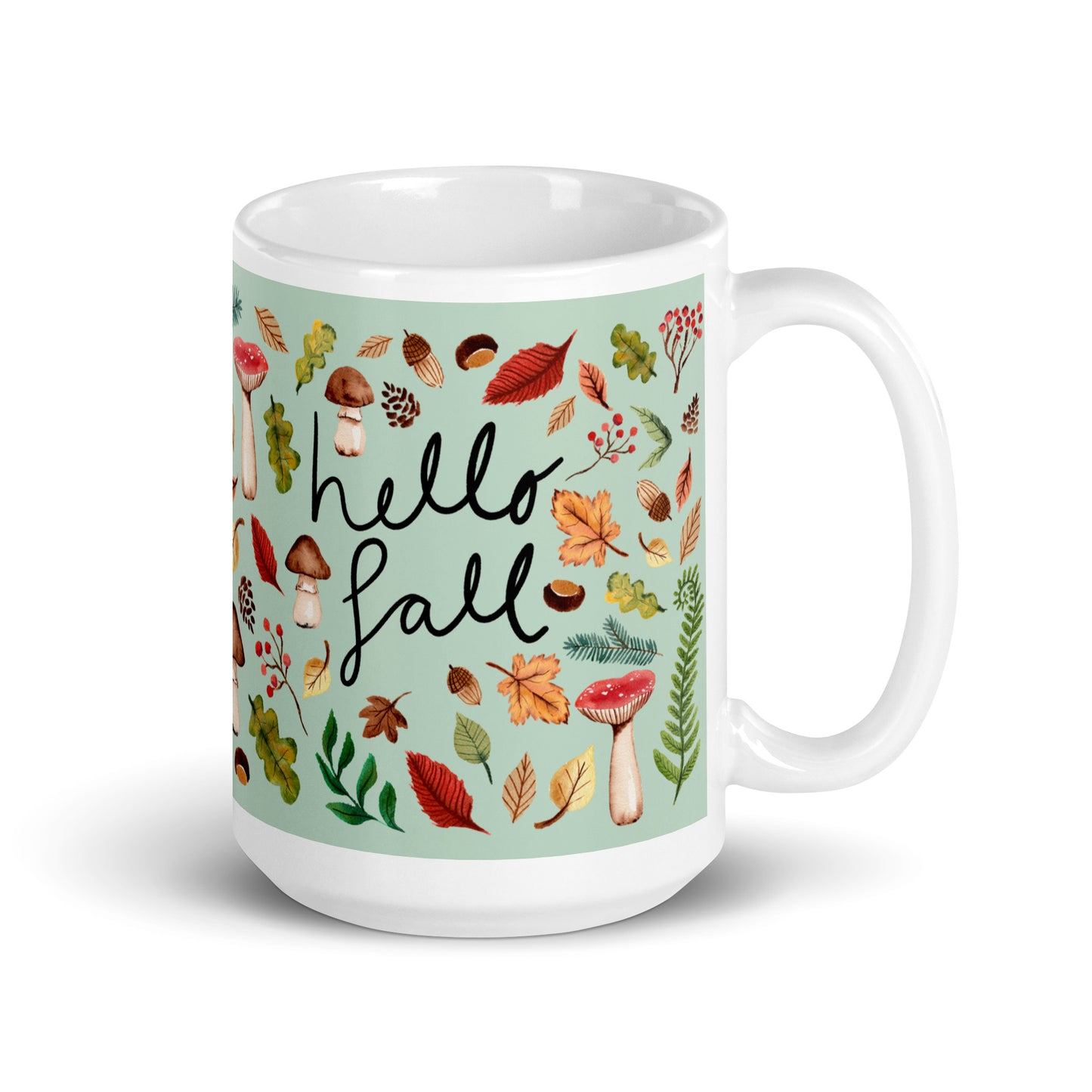 White Glossy Mug - Hello Fall Green 🍂☕ - SANDRAAS