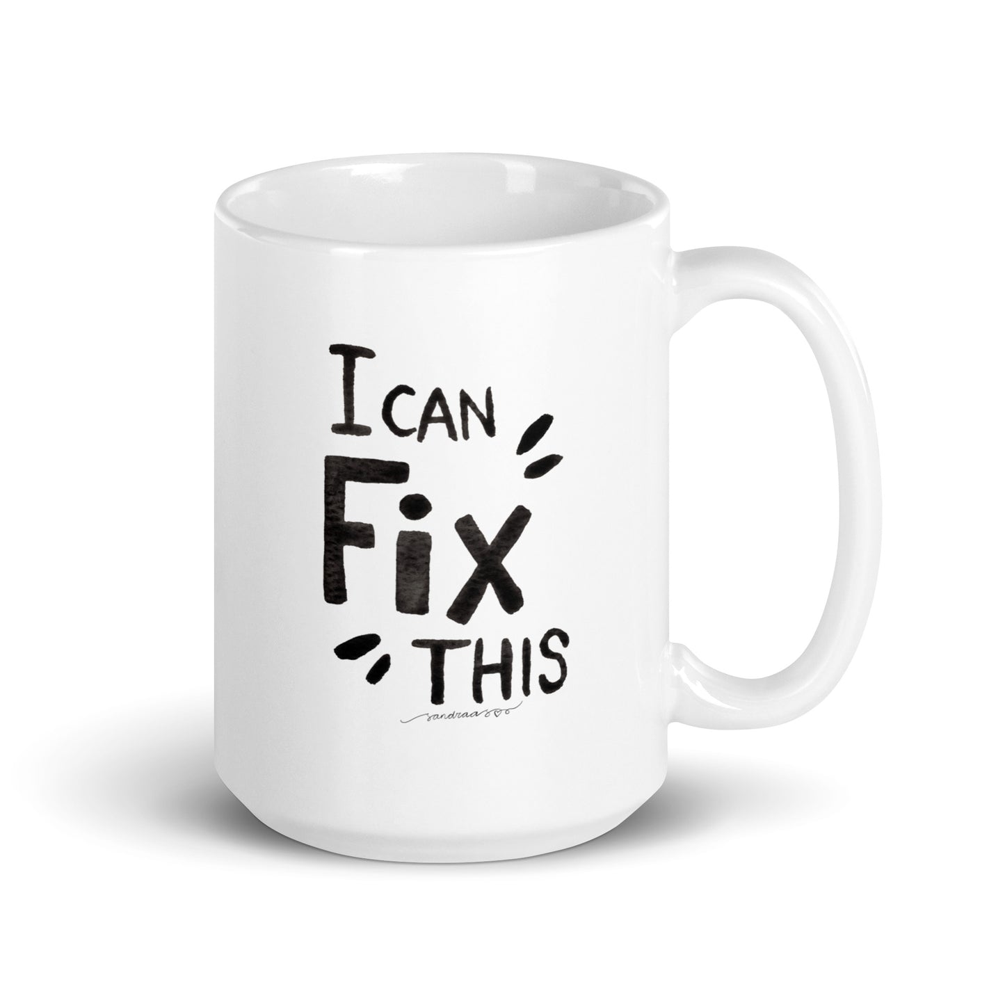 "I Can Fix This" – White Glossy Mug with Hand - Lettered Watercolor Design ☕ - SANDRAAS