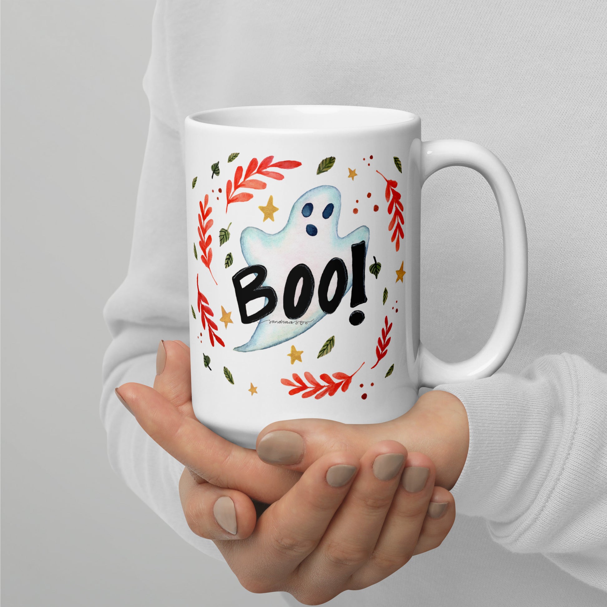 Ghost "Boo!" White Glossy Mug – A Spooky & Fun Halloween Essential! 👻🎃 - SANDRAAS