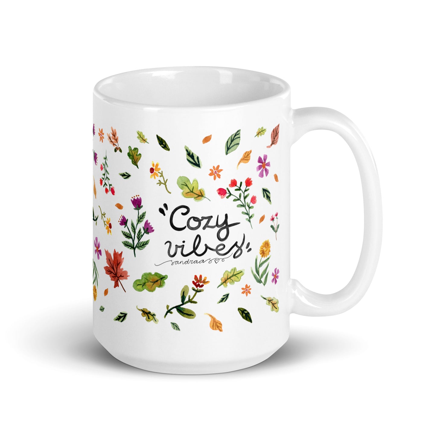 Cozy Vibes Mug ☕ | Hand - Lettered Quote + Watercolor Autumn Leaves & Florals - SANDRAAS