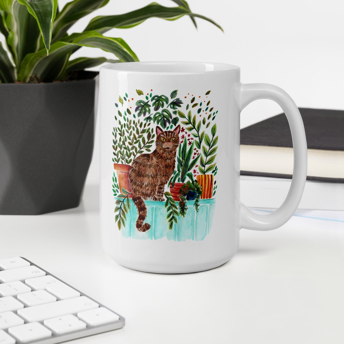 White Glossy Mug – Cat in the Window 🐱🌿 | Cozy Watercolor Mug for Cat Lovers & Plant People - SANDRAAS