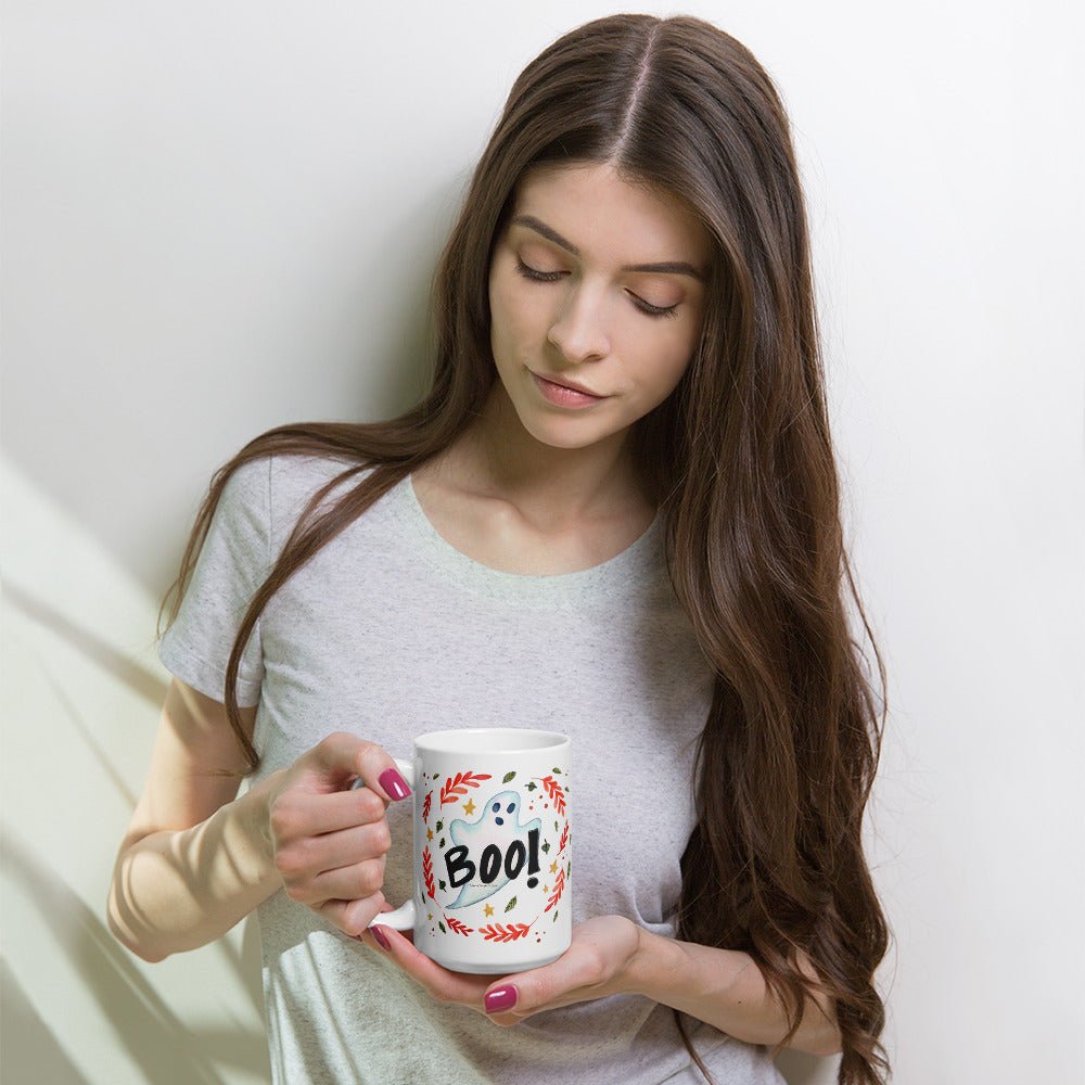 Ghost "Boo!" White Glossy Mug – A Spooky & Fun Halloween Essential! 👻🎃 - SANDRAAS