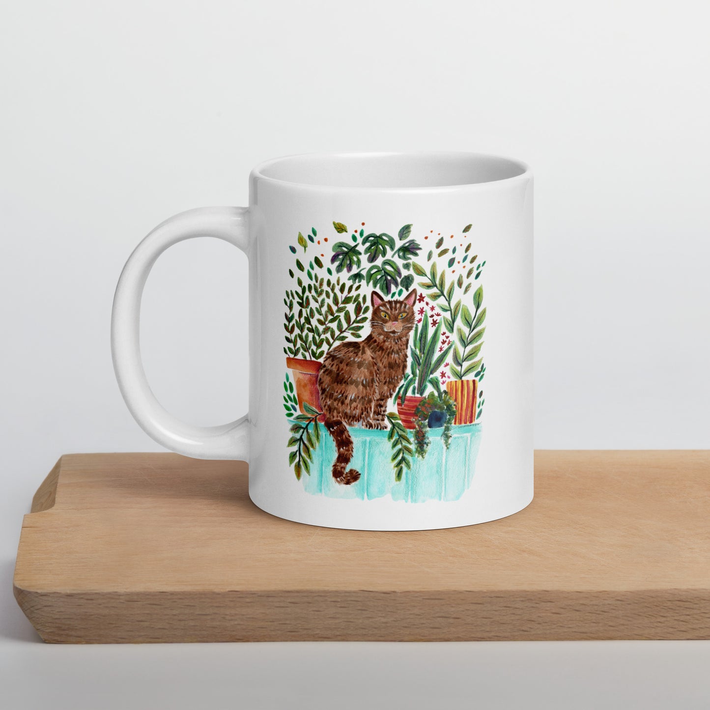 White Glossy Mug – Cat in the Window 🐱🌿 | Cozy Watercolor Mug for Cat Lovers & Plant People - SANDRAAS