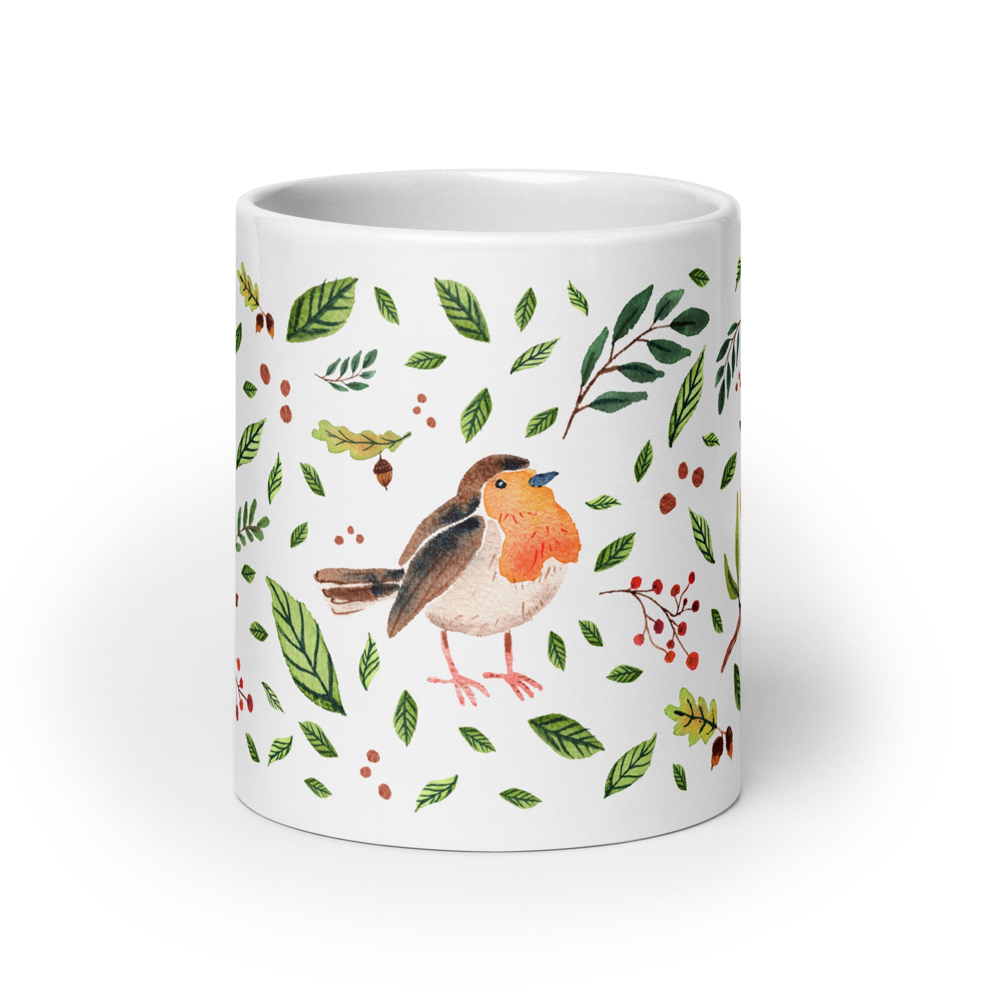 White Glossy Mug – Watercolor Robin Illustration 🐦🍃 | Cozy Sips with Nature's Charm - SANDRAAS