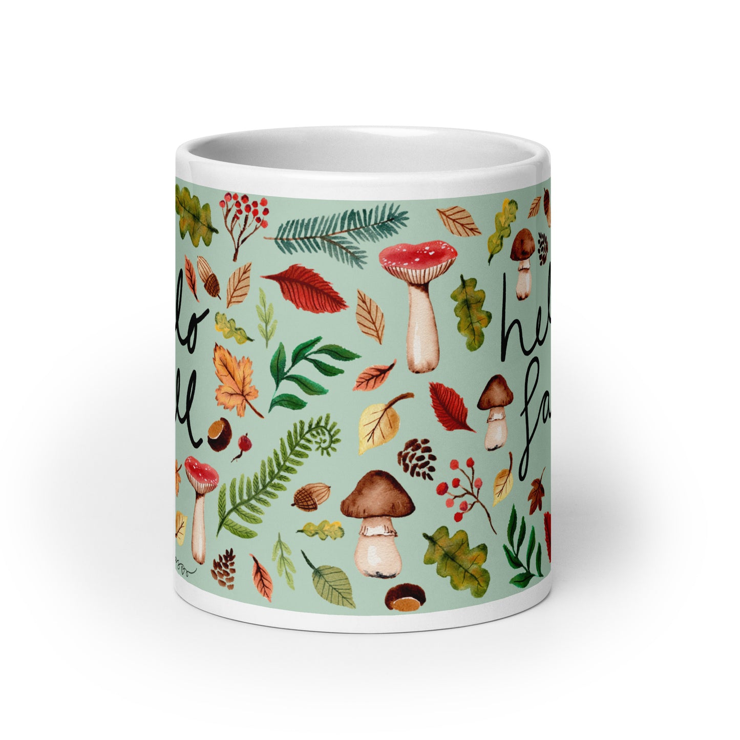 White Glossy Mug - Hello Fall Green 🍂☕ - SANDRAAS