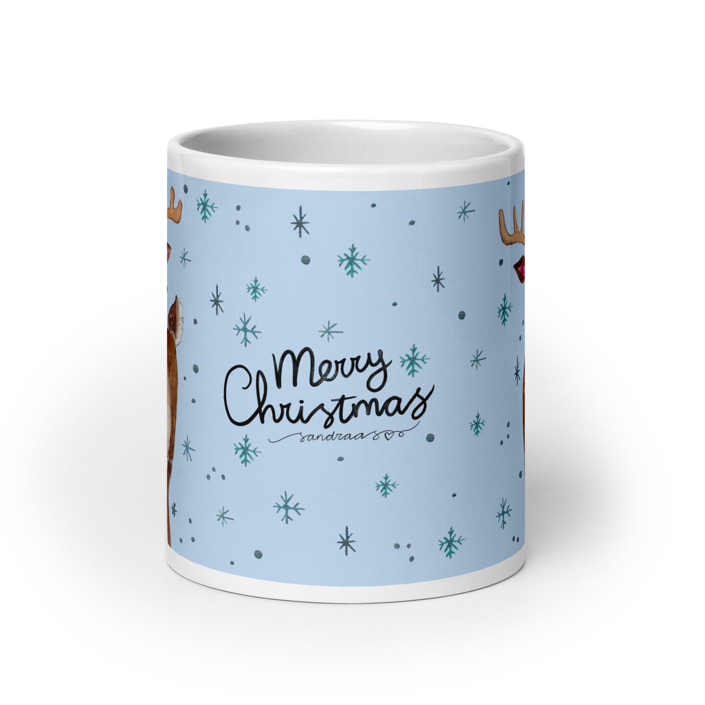 🎄 Merry Christmas Deer Mug – Whimsical Watercolor Deer in Cozy Shawl on Blue Background 🦌💙✨ Glossy Ceramic Holiday Mug - SANDRAAS