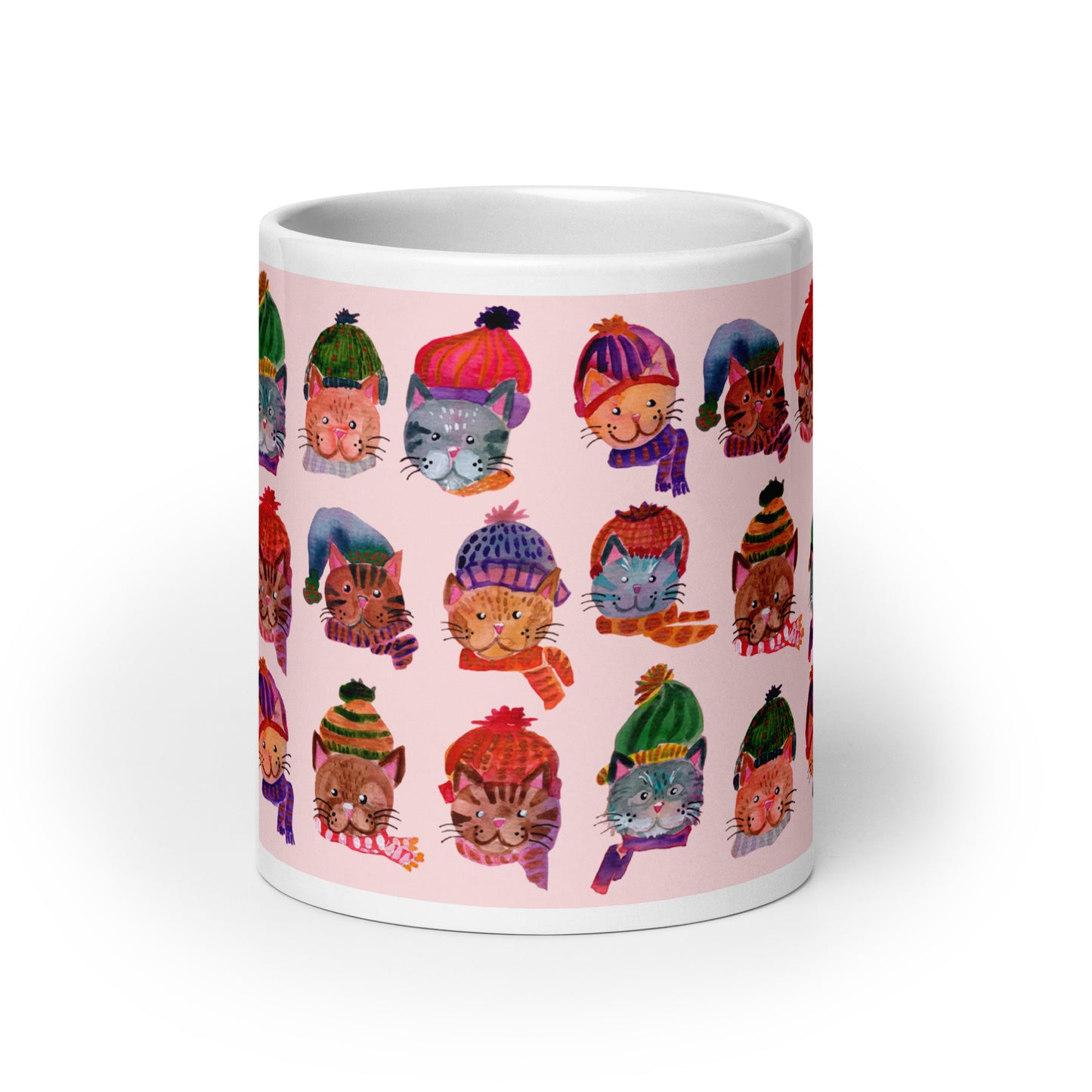 🎀 Cozy Cat Heads Mug – Whimsical Watercolor Cats in Knitted Hats & Scarves 🐱🧣✨ Pink Background | Glossy Ceramic Mug - SANDRAAS