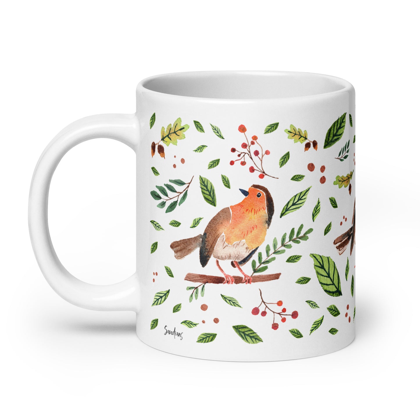 White Glossy Mug – Watercolor Robin Illustration 🐦🍃 | Cozy Sips with Nature's Charm - SANDRAAS