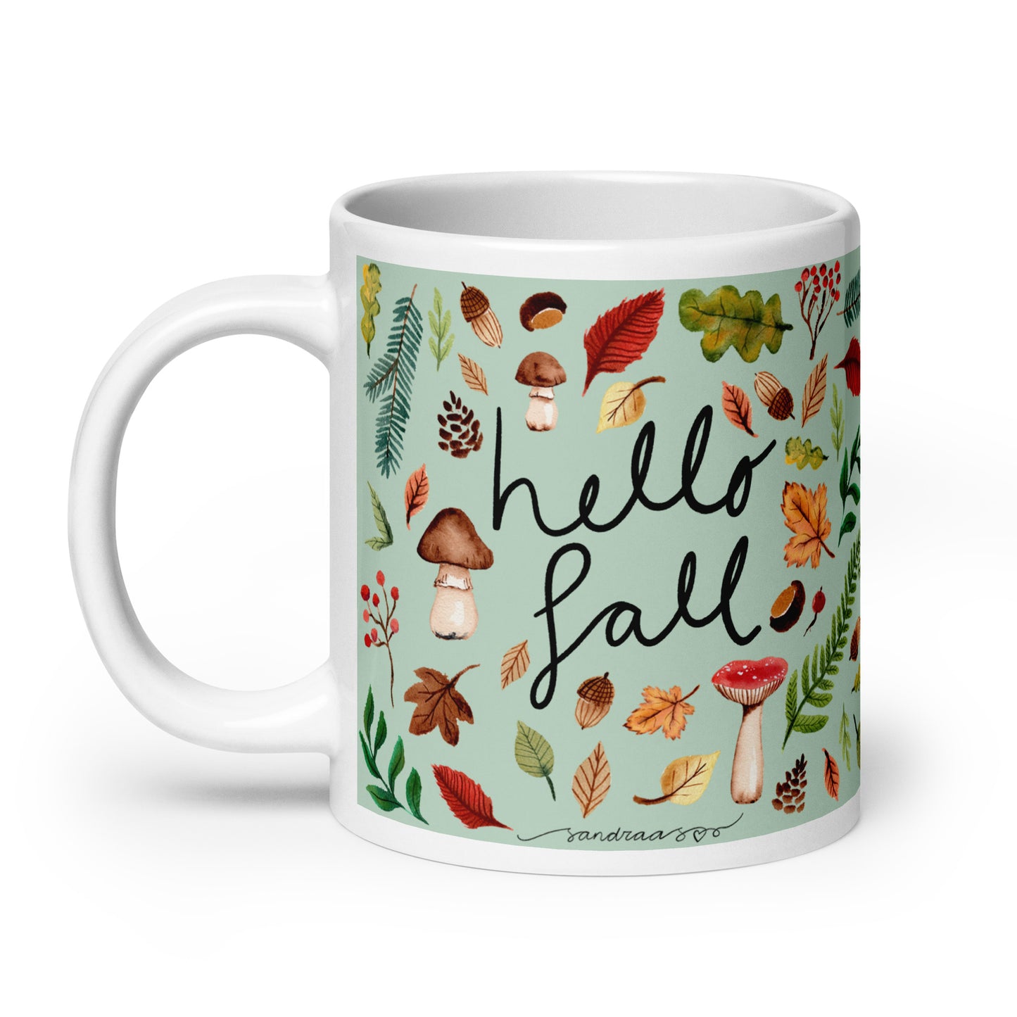 White Glossy Mug - Hello Fall Green 🍂☕ - SANDRAAS