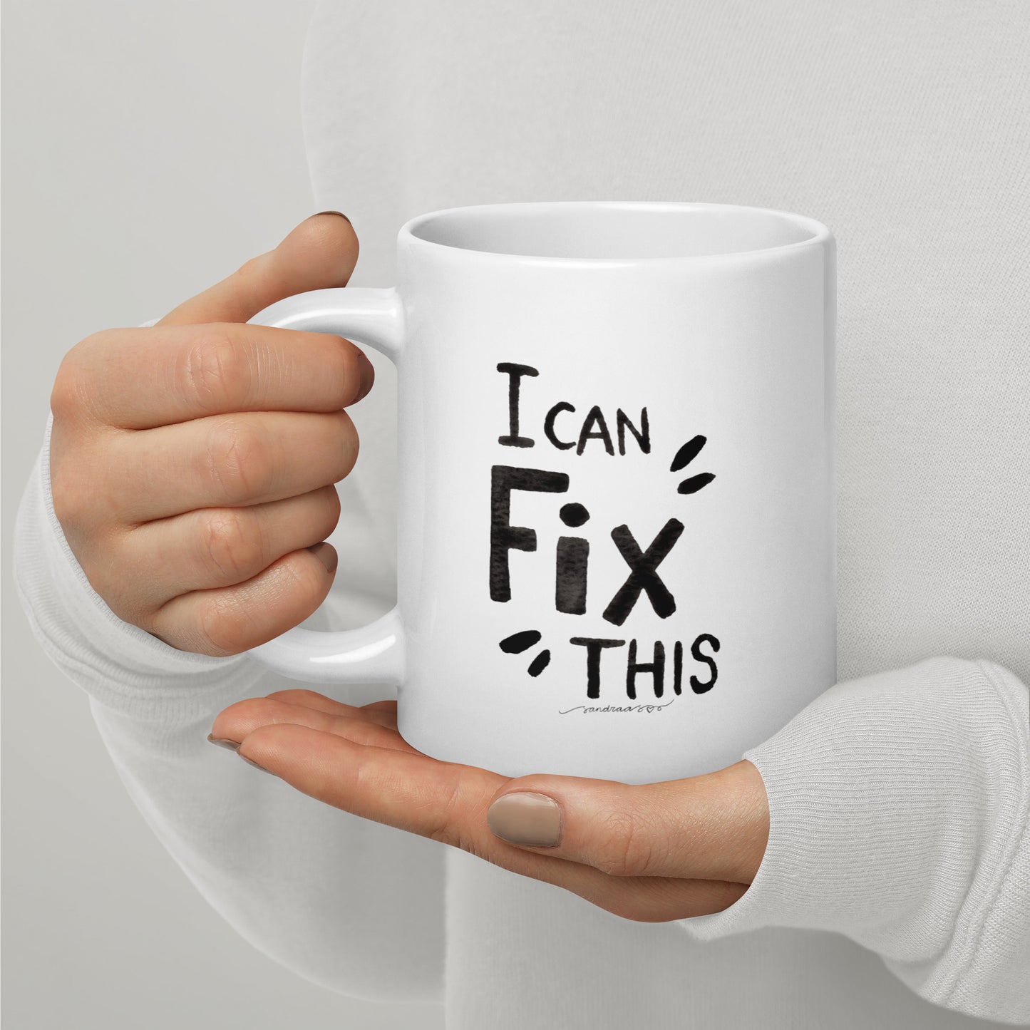 "I Can Fix This" – White Glossy Mug with Hand - Lettered Watercolor Design ☕ - SANDRAAS
