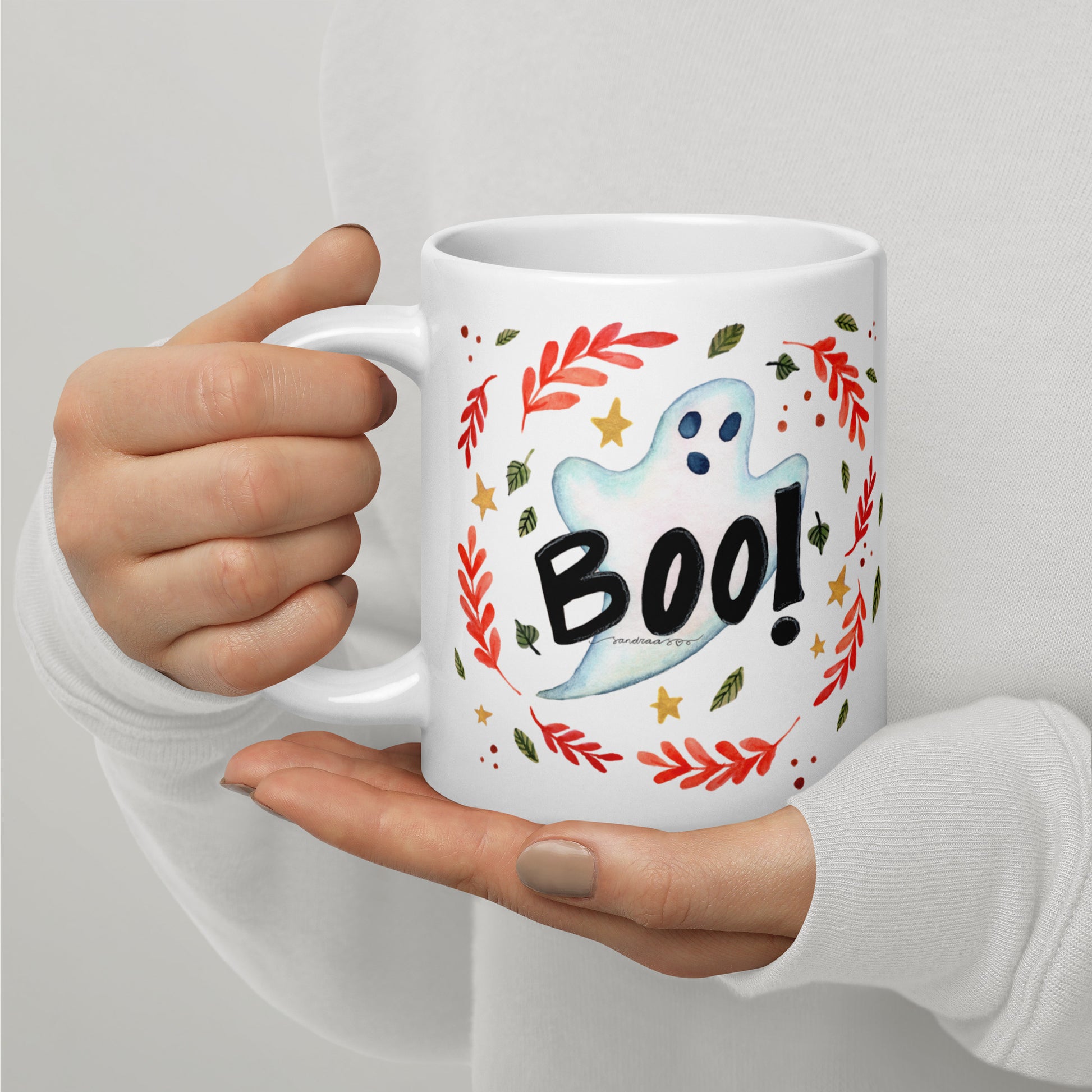 Ghost "Boo!" White Glossy Mug – A Spooky & Fun Halloween Essential! 👻🎃 - SANDRAAS