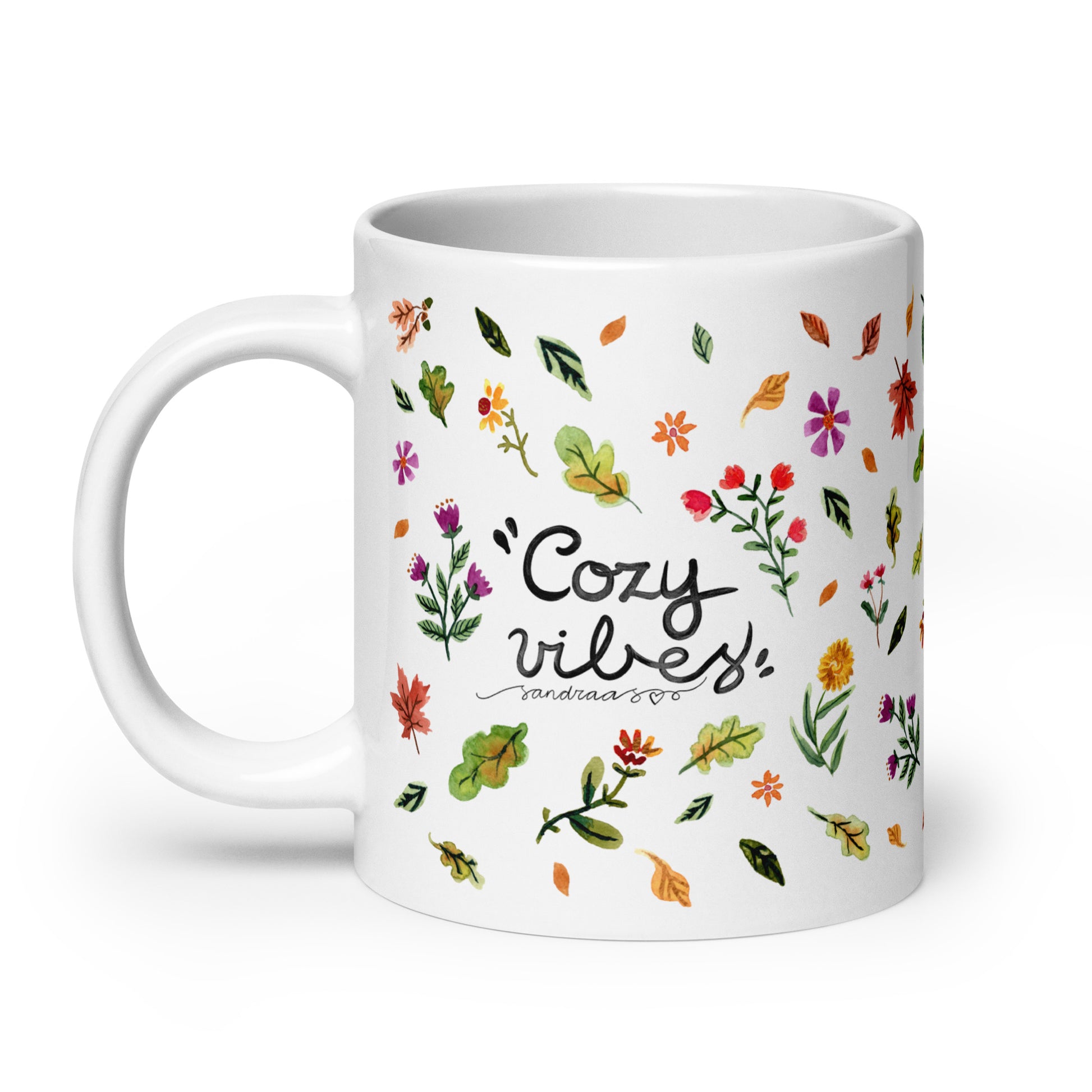 Cozy Vibes Mug ☕ | Hand - Lettered Quote + Watercolor Autumn Leaves & Florals - SANDRAAS