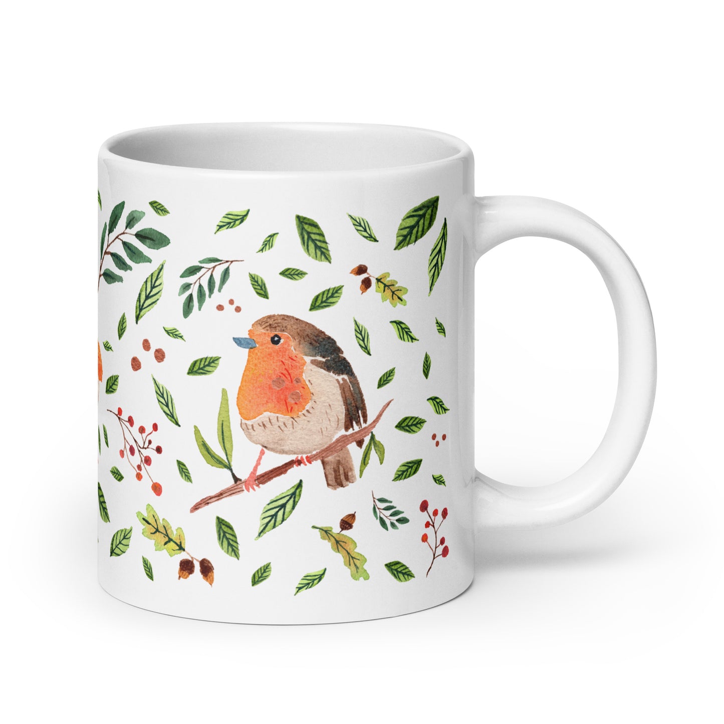 White Glossy Mug – Watercolor Robin Illustration 🐦🍃 | Cozy Sips with Nature's Charm - SANDRAAS