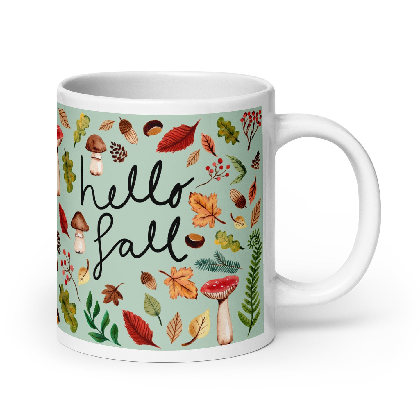 White Glossy Mug - Hello Fall Green 🍂☕ - SANDRAAS