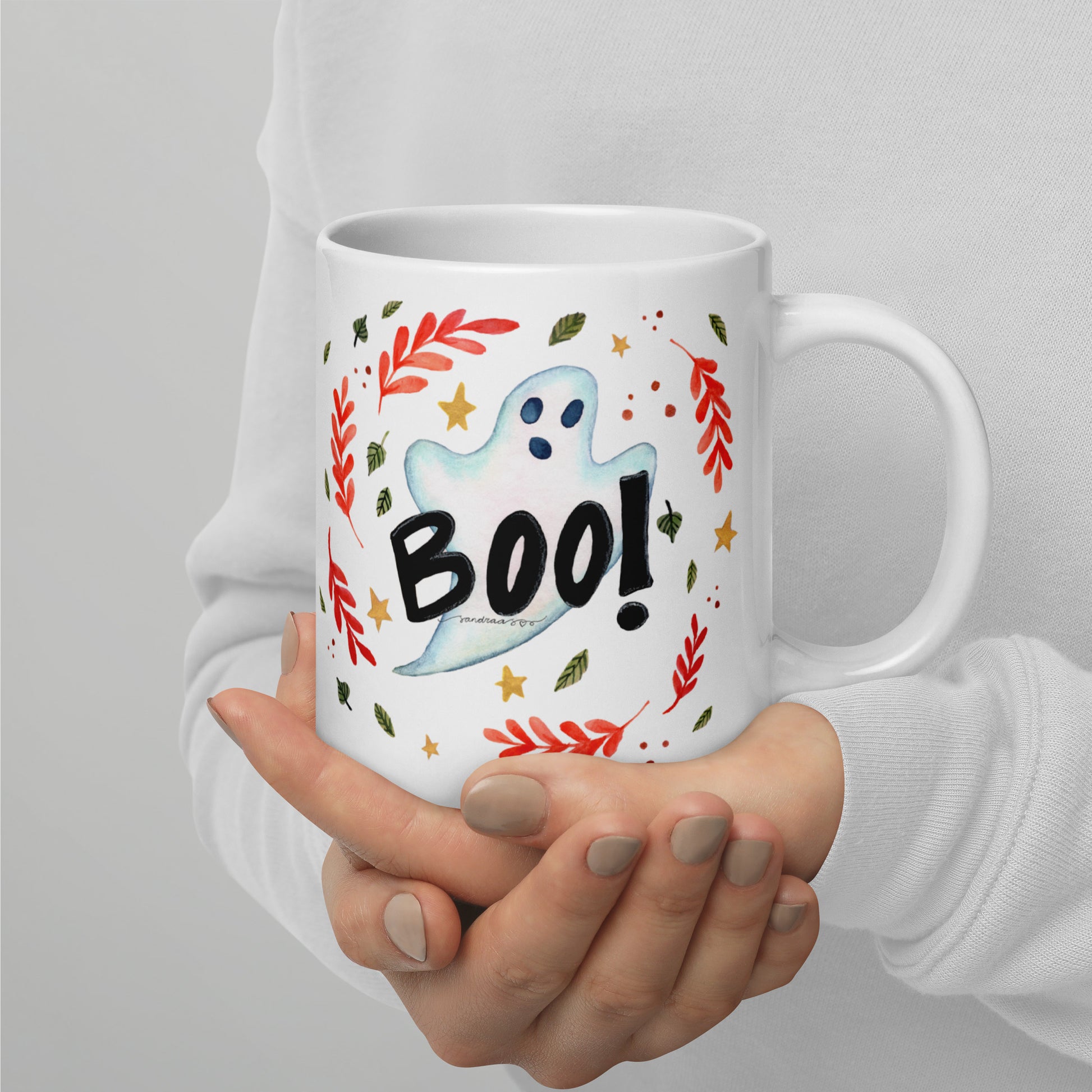 Ghost "Boo!" White Glossy Mug – A Spooky & Fun Halloween Essential! 👻🎃 - SANDRAAS